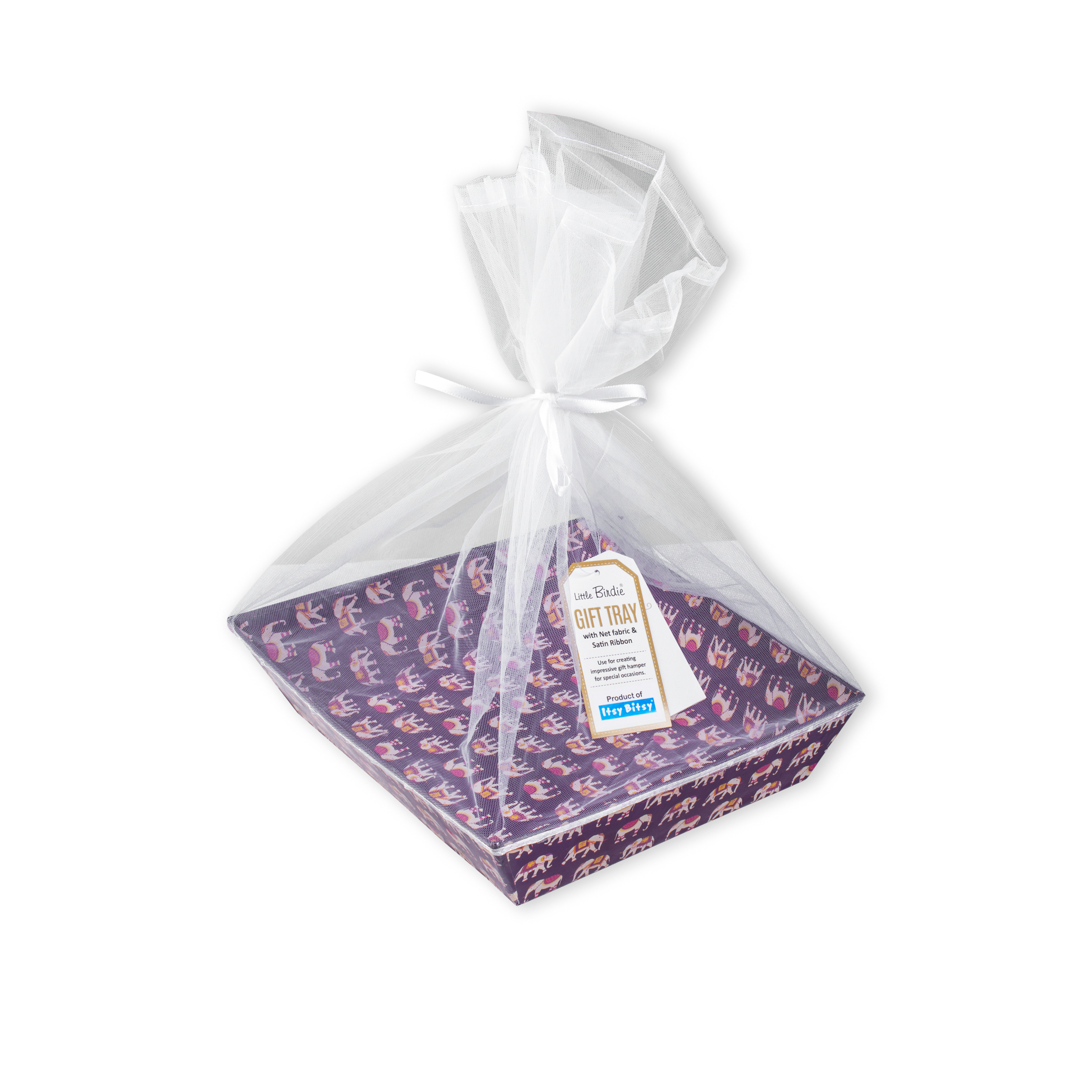 Angled Gifting Tray With Net Cover & Satin Ribbon - Elephant Parade, 6.2in x 8in, 1pc