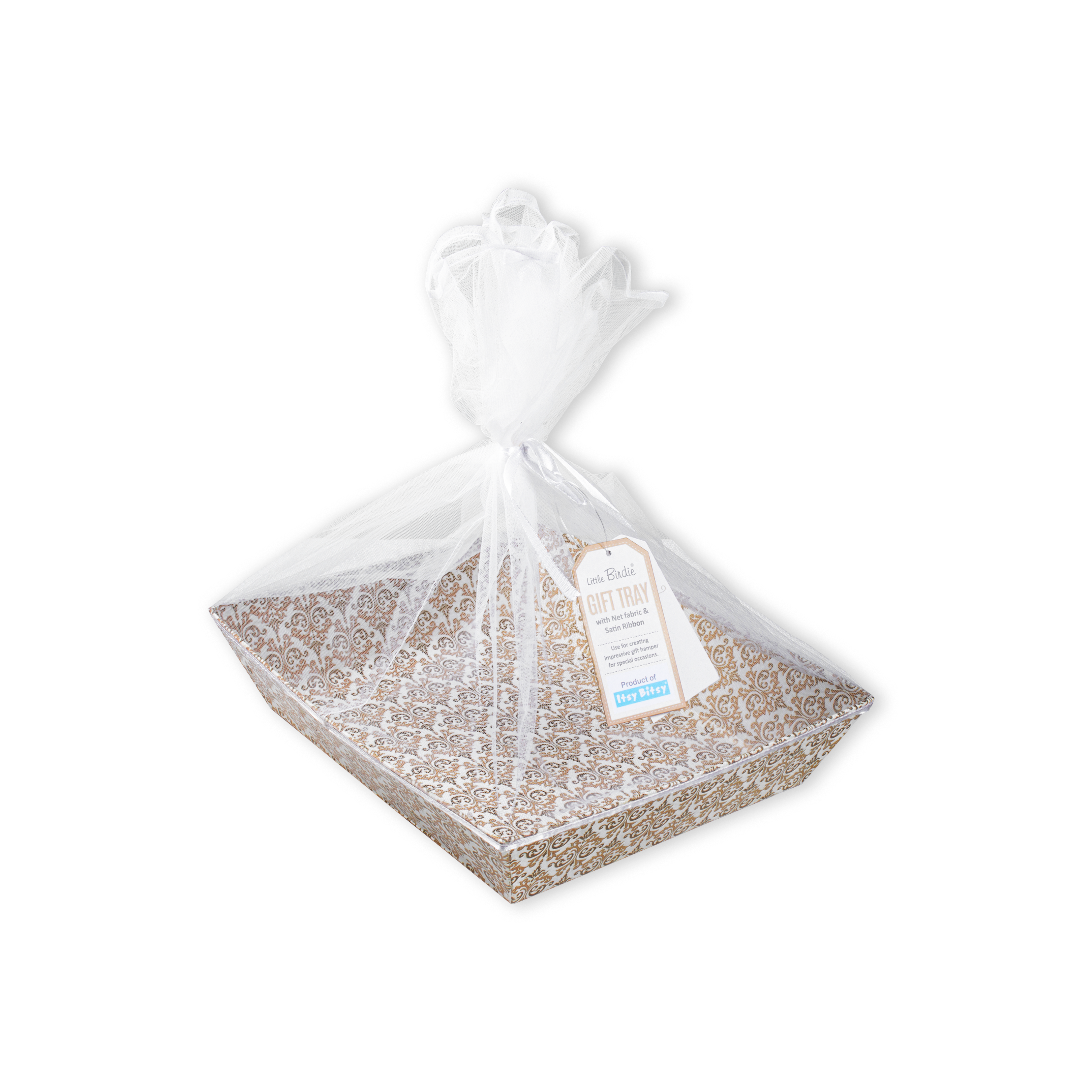 Angled Gifting Tray With Net Cover & Satin Ribbon - Classy Damask, 8.1in x 10.2in, 1pc