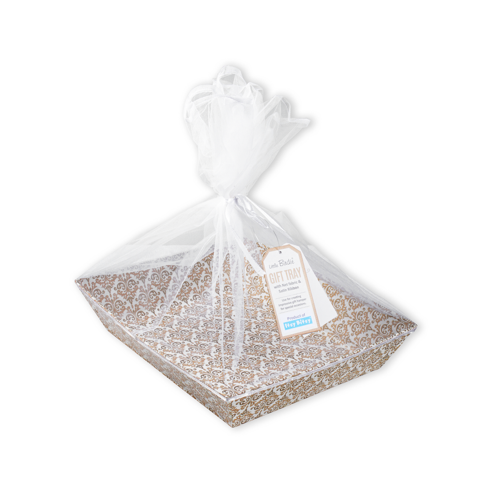 Angled Gifting Tray With Net Cover & Satin Ribbon - Classy Damask, 10.1in x 12in, 1pc