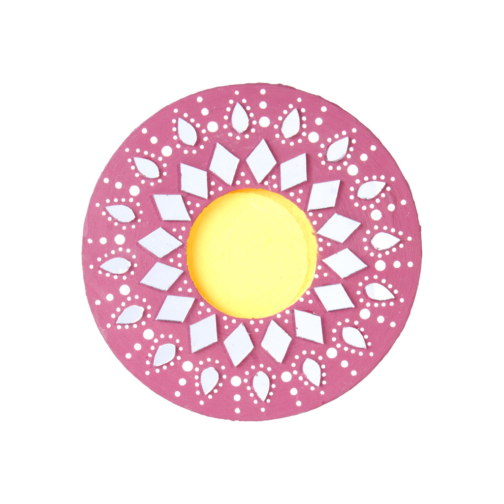 Mirror Work Tealight Holder Floral Mandala Red 4in Dia 5.5mm Thick 1pc ( Candle Included 1pc)