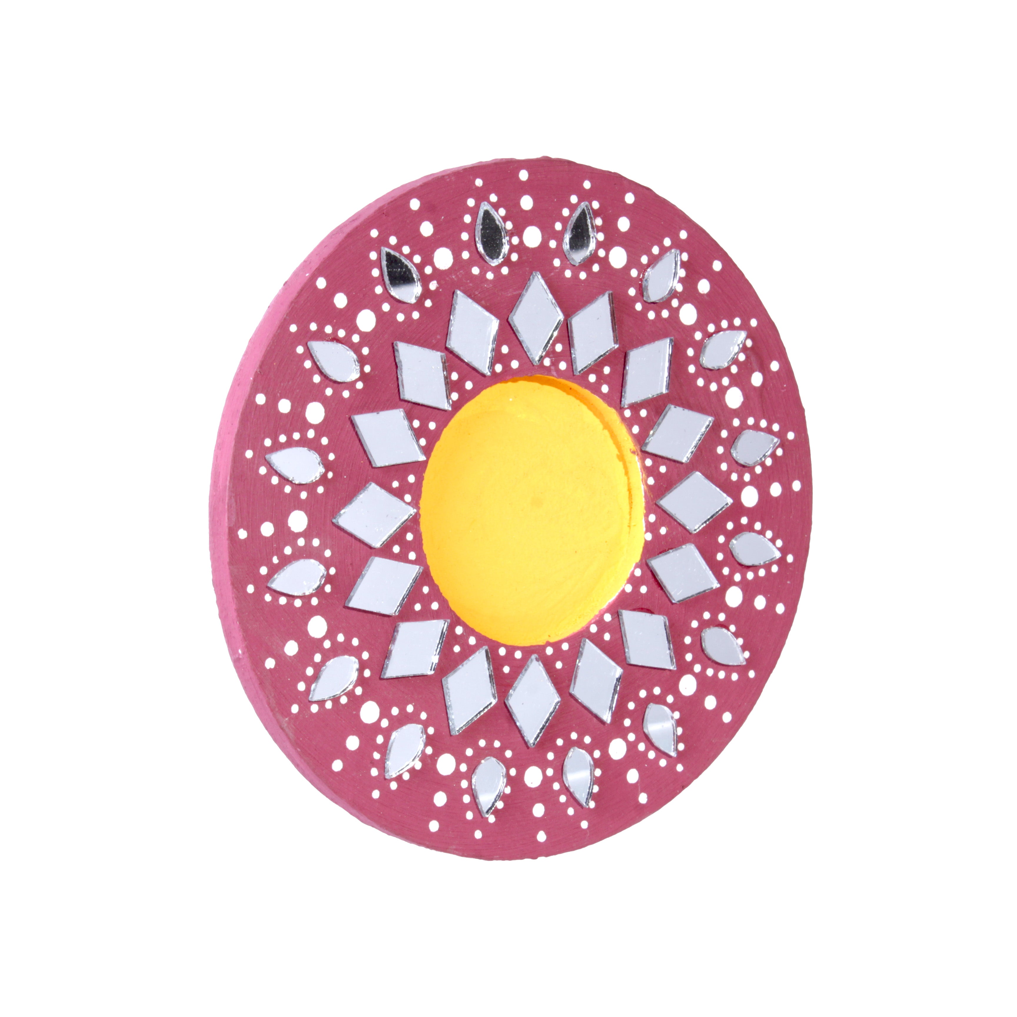 Mirror Work Tealight Holder Floral Mandala Red 4in Dia 5.5mm Thick 1pc ( Candle Included 1pc)