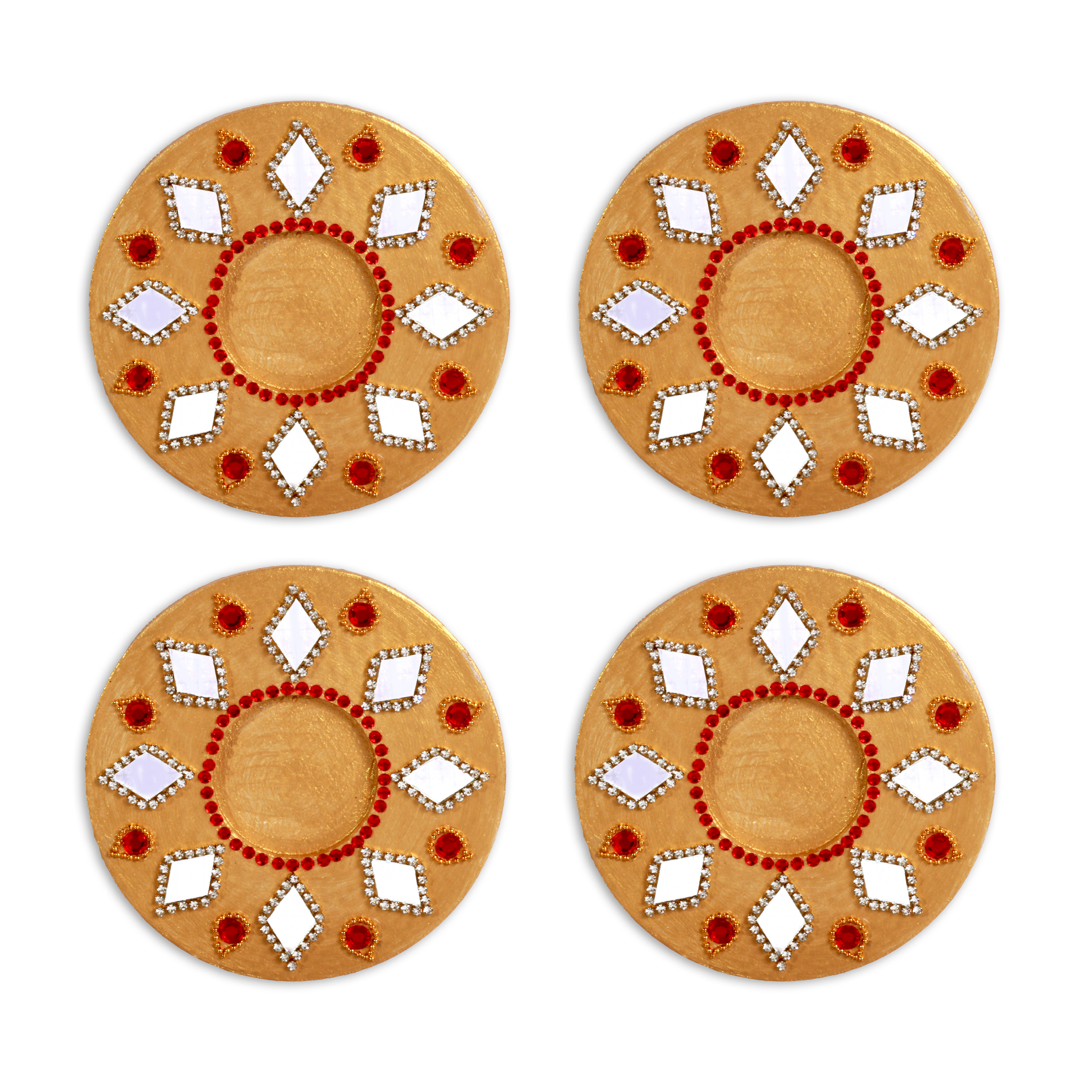 Mirror Work Tealight Holder Diamond Jewel Gold 4in Dia 5.5mm Thick 4pc - (Tealight Candle Included)
