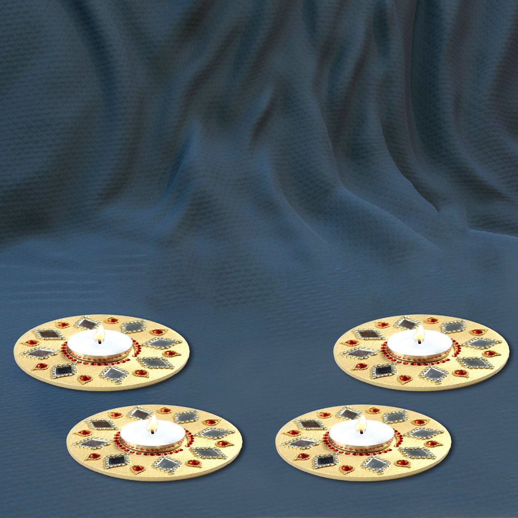 Mirror Work Tealight Holder Diamond Jewel Gold 4in Dia 5.5mm Thick 4pc - (Tealight Candle Included)