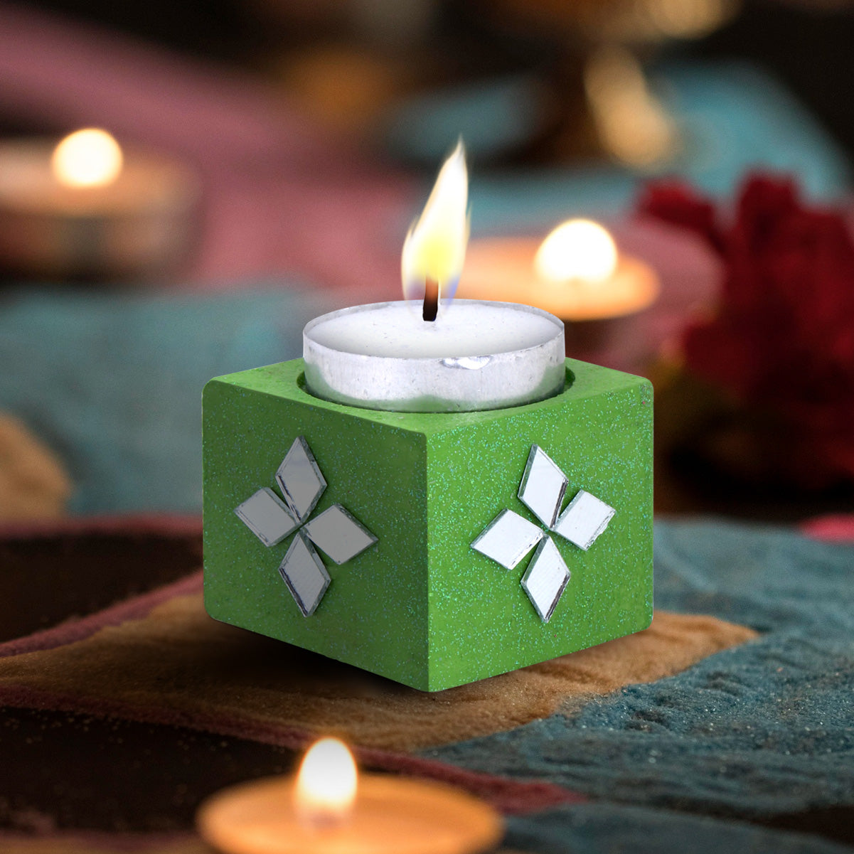 Mirror Art Tealight Holder Florista Green 1.5inch 1pc ( Candle Included 1pc)