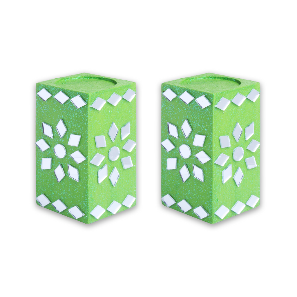 Mirror Art Tealight Holder Florista Green 3.5inch  - 2Pc - (Tealight Candle Included)