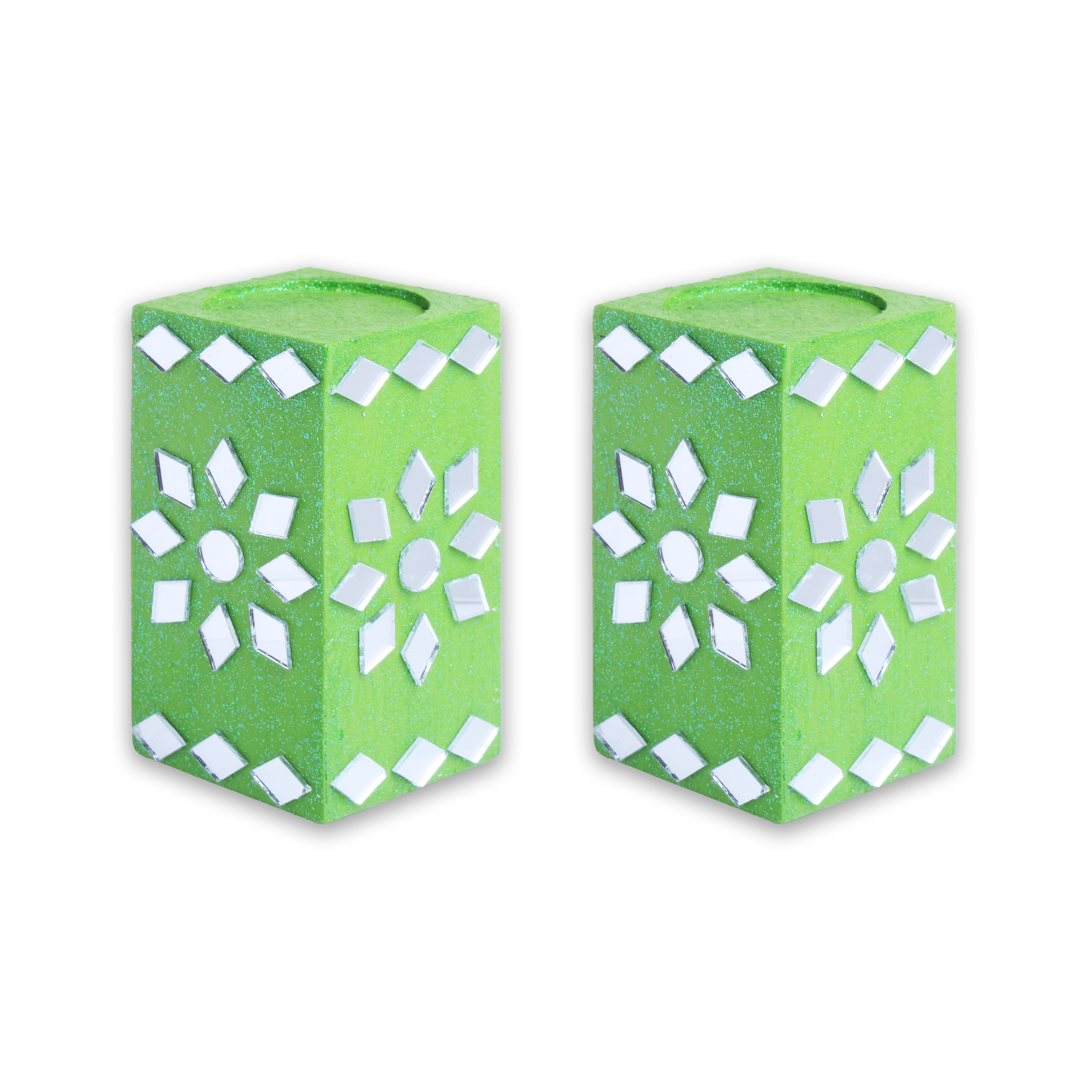 Mirror Art Tealight Holder Florista Green 3.5inch  - 2Pc - (Tealight Candle Included)