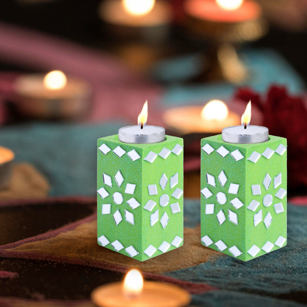 Mirror Art Tealight Holder Florista Green 3.5inch  - 2Pc - (Tealight Candle Included)