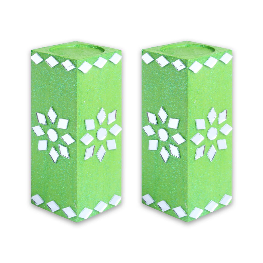 Mirror Art Tealight Holder Florista Green 5inch  - 2Pc - (Tealight Candle Included)