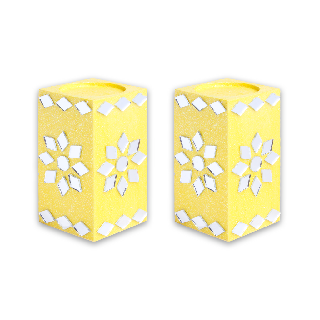 Mirror Art Tealight Holder Florista Yellow 3.5inch  - 2Pc - (Tealight Candle Included)