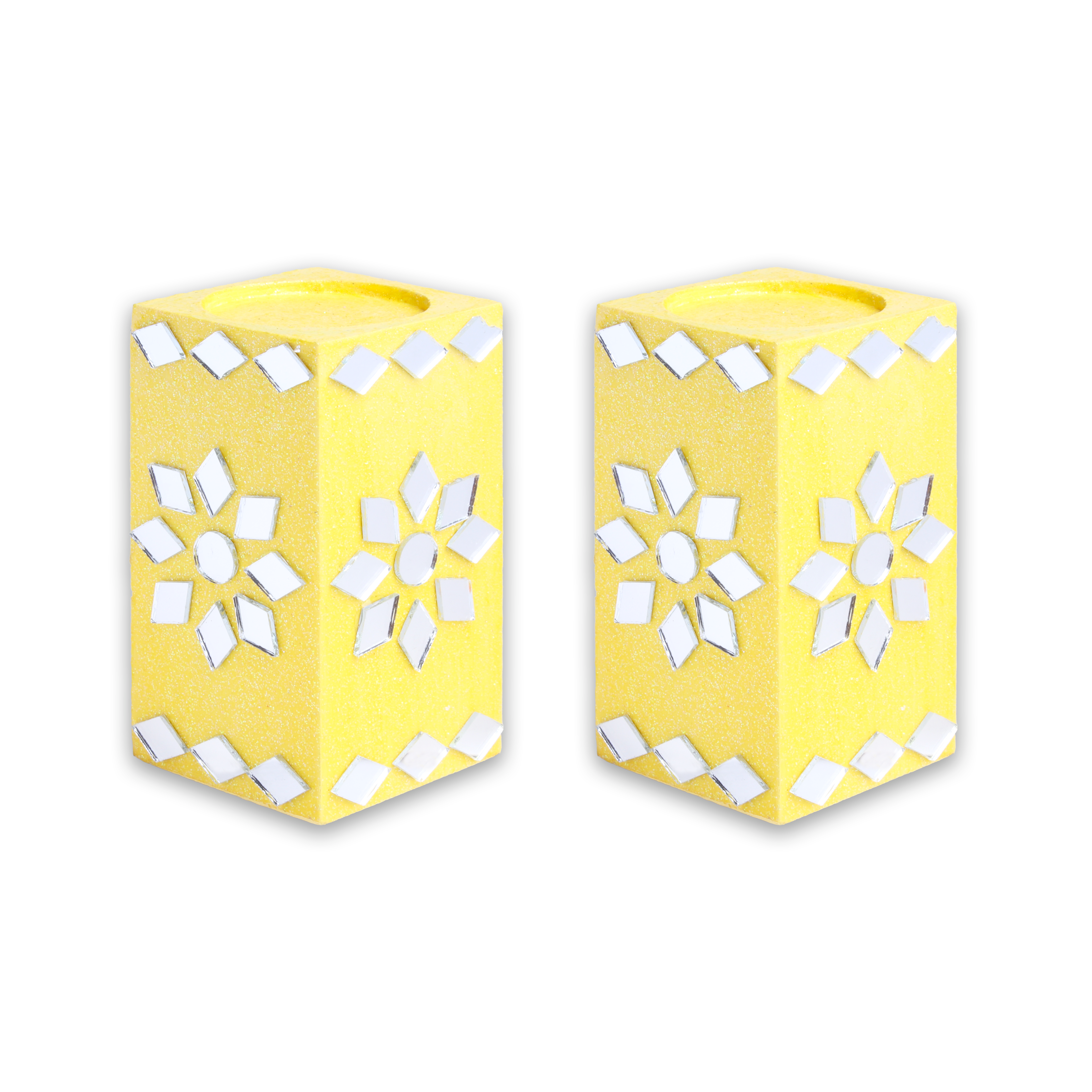 Mirror Art Tealight Holder Florista Yellow 3.5inch  - 2Pc - (Tealight Candle Included)