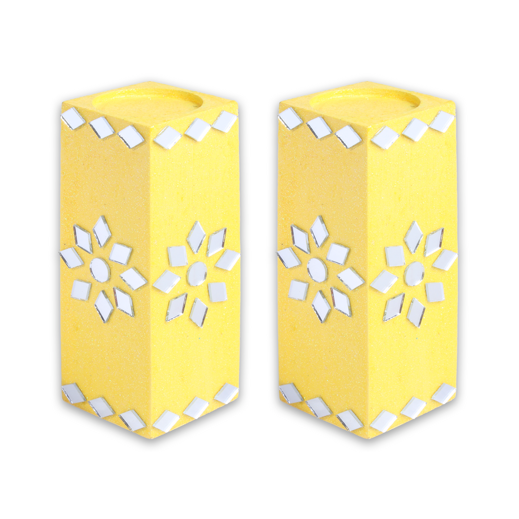 Mirror Art Tealight Holder Florista Yellow 5inch  - 2Pc - (Tealight Candle Included)