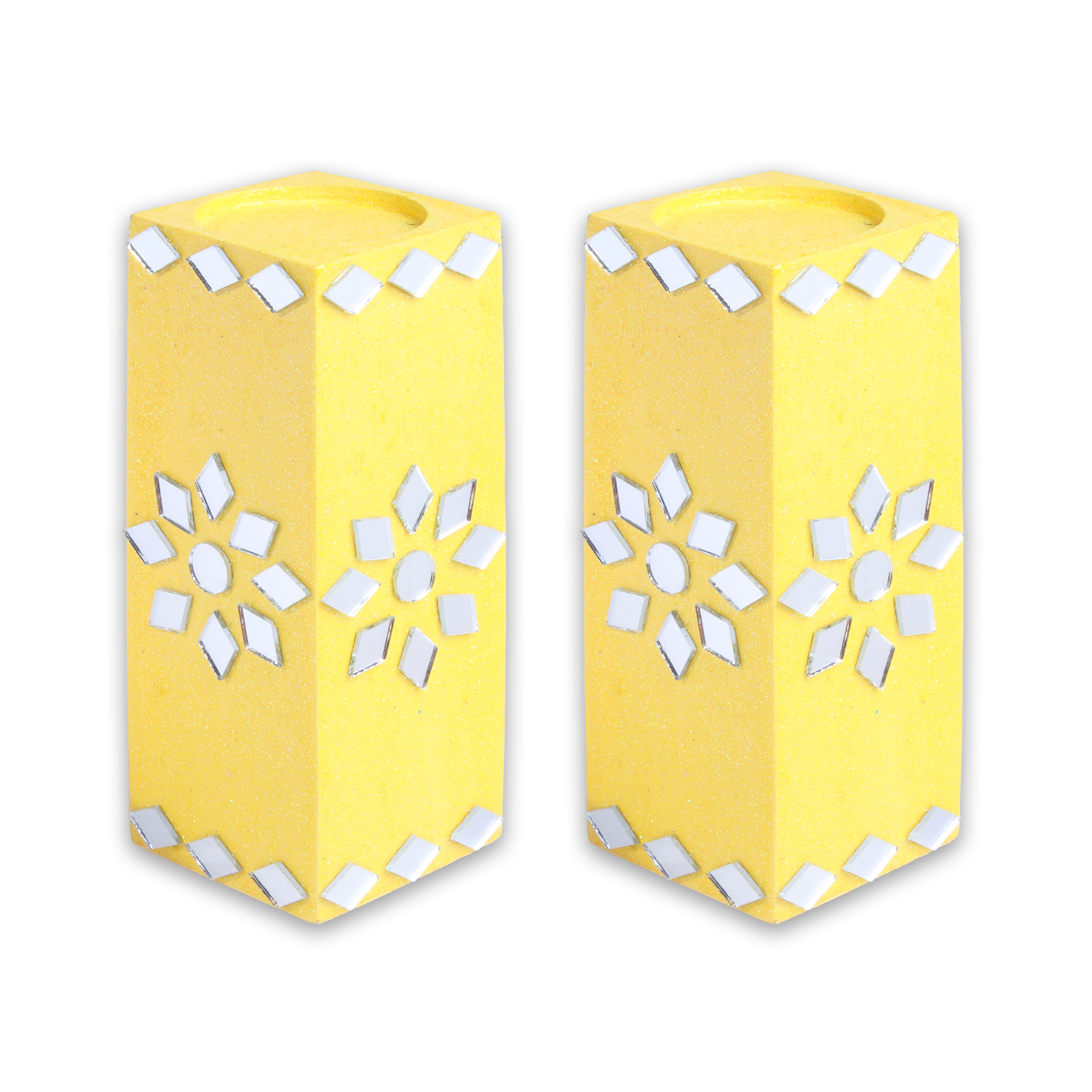 Mirror Art Tealight Holder Florista Yellow 5inch  - 2Pc - (Tealight Candle Included)