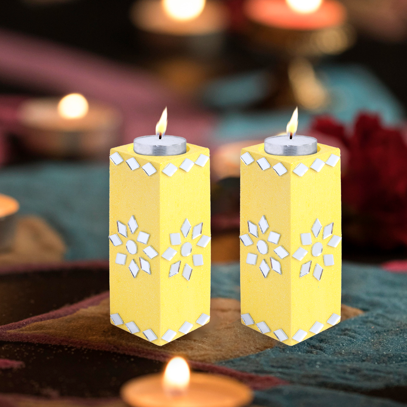 Mirror Art Tealight Holder Florista Yellow 5inch  - 2Pc - (Tealight Candle Included)
