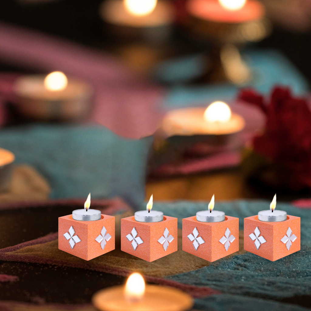 Mirror Art Tealight Holder Florista Orange 1.5inch  - 4Pc - (Tealight Candle Included)