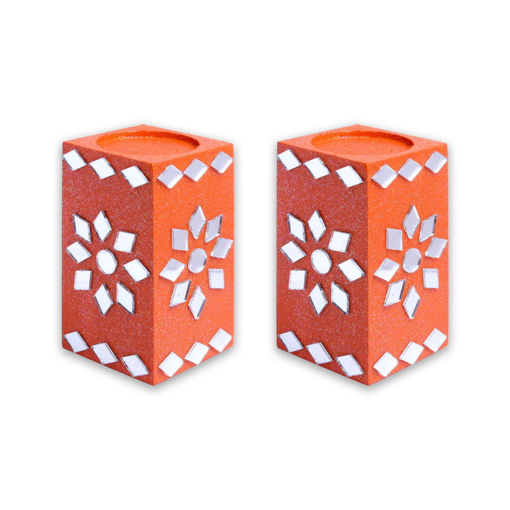 Mirror Art Tealight Holder Florista Orange 3.5inch  - 2Pc - (Tealight Candle Included)