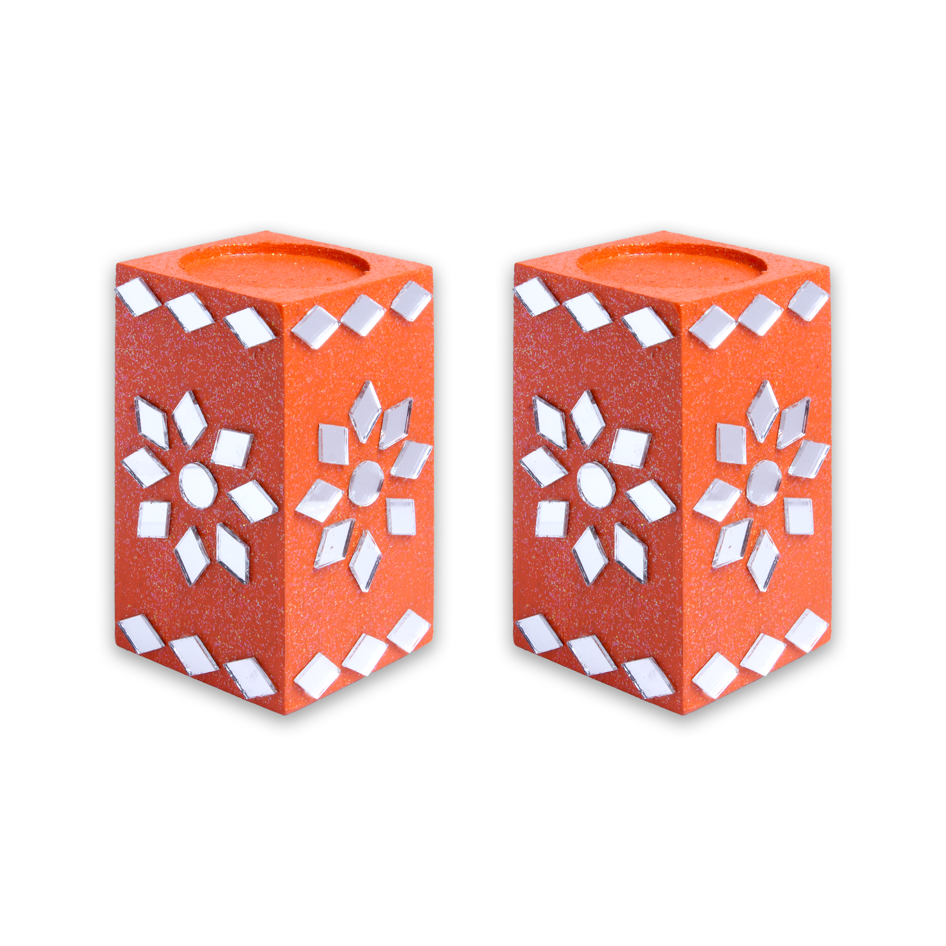 Mirror Art Tealight Holder Florista Orange 3.5inch  - 2Pc - (Tealight Candle Included)