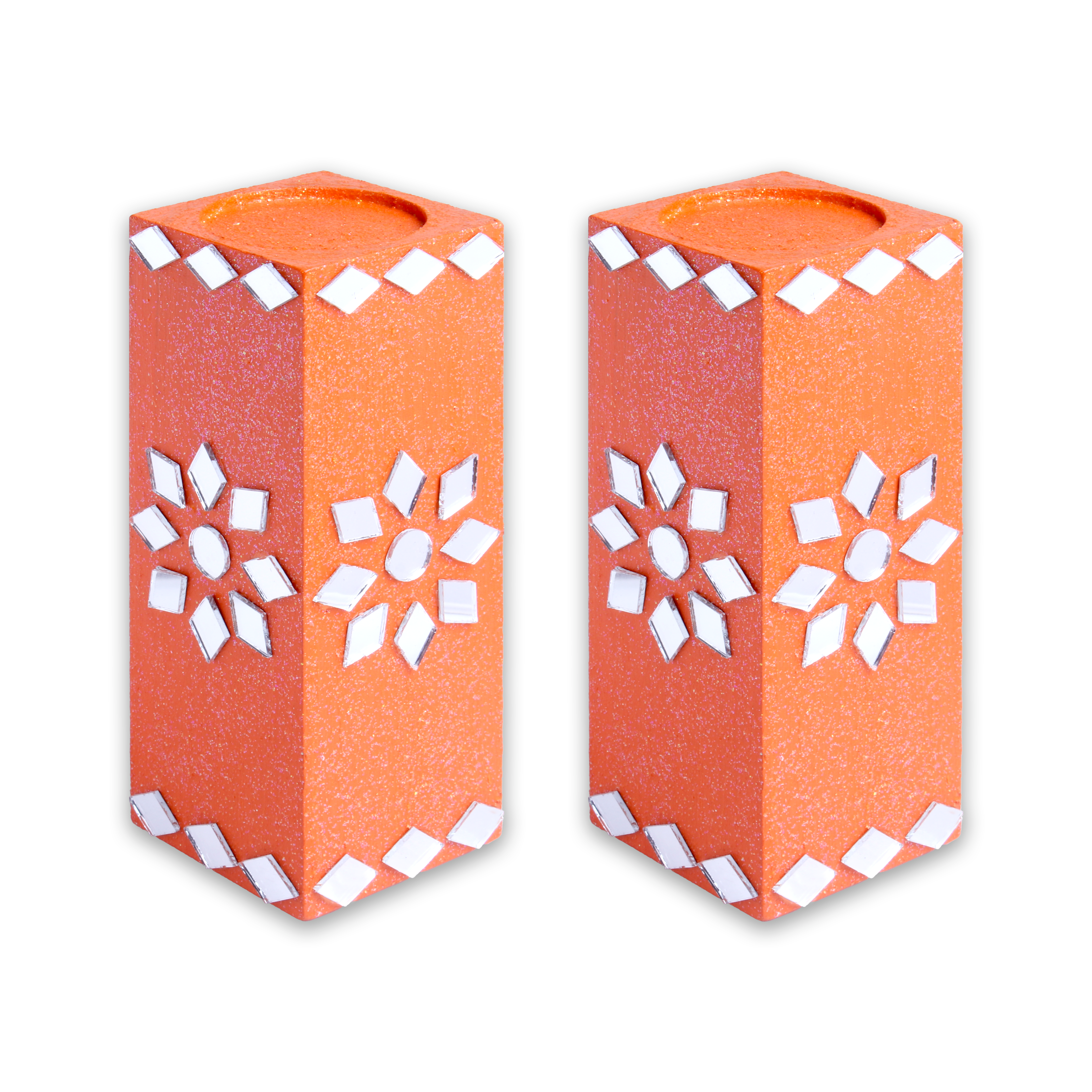Mirror Art Tealight Holder Florista Orange 5inch  - 2Pc - (Tealight Candle Included)