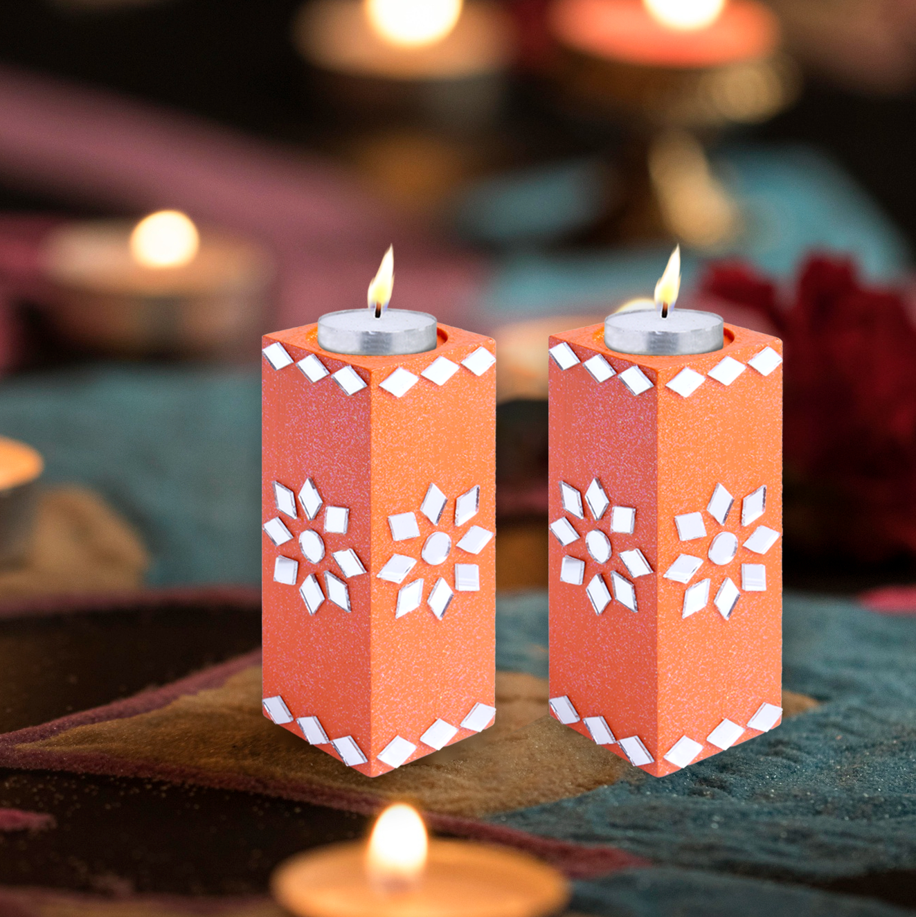 Mirror Art Tealight Holder Florista Orange 5inch  - 2Pc - (Tealight Candle Included)