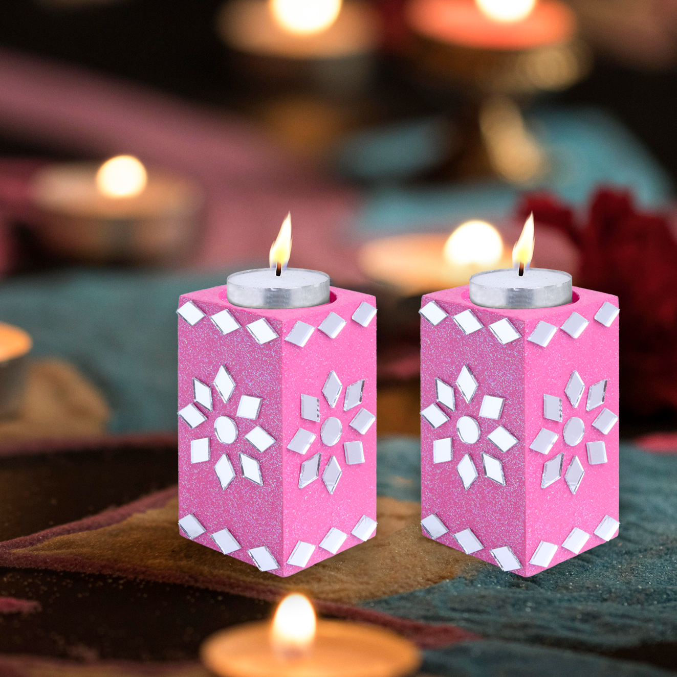 Mirror Art Tealight Holder Florista Pink 3.5inch  - 2Pc - (Tealight Candle Included)