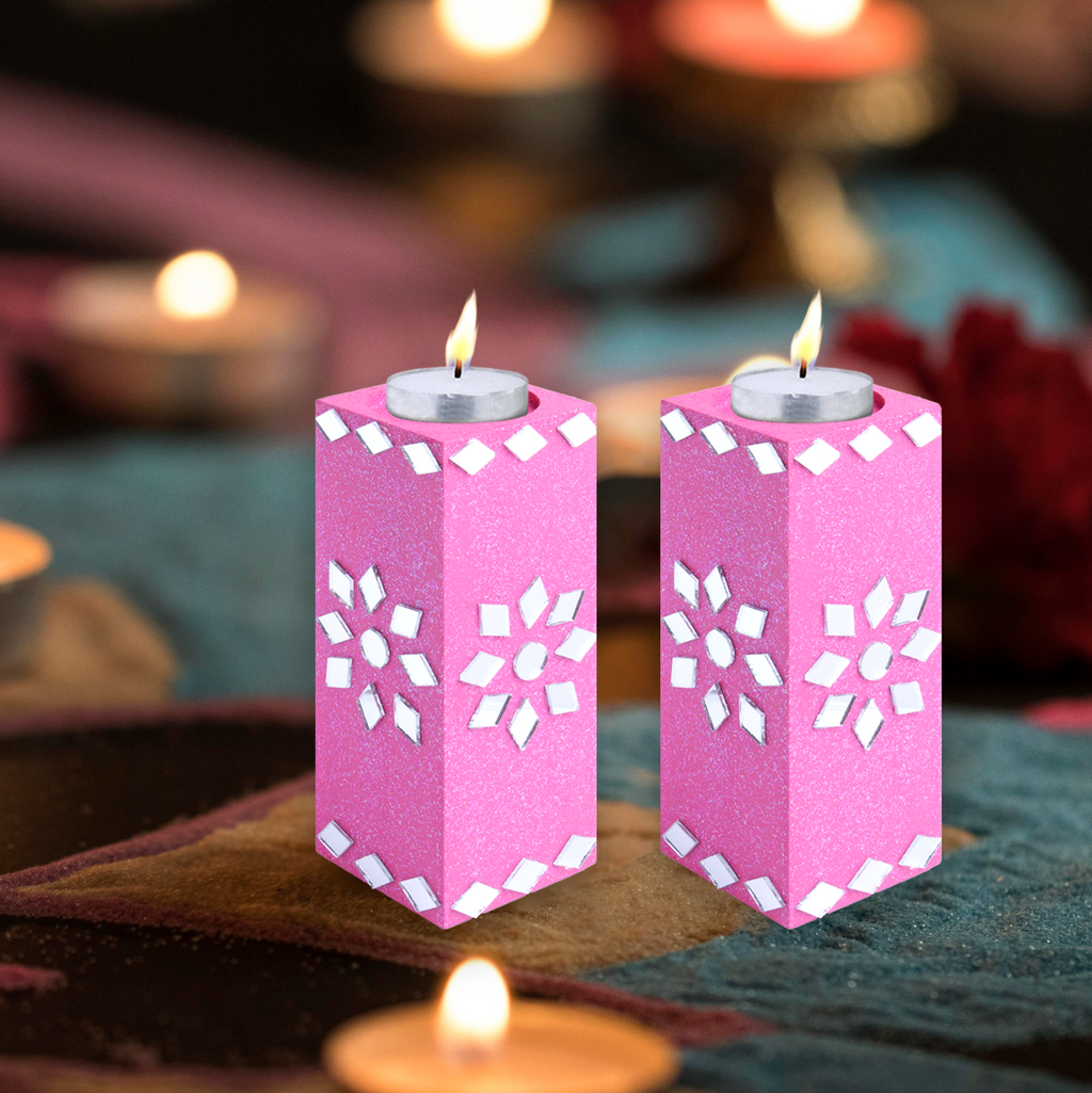 Mirror Art Tealight Holder Florista Pink 5inch  - 2Pc - (Tealight Candle Included)