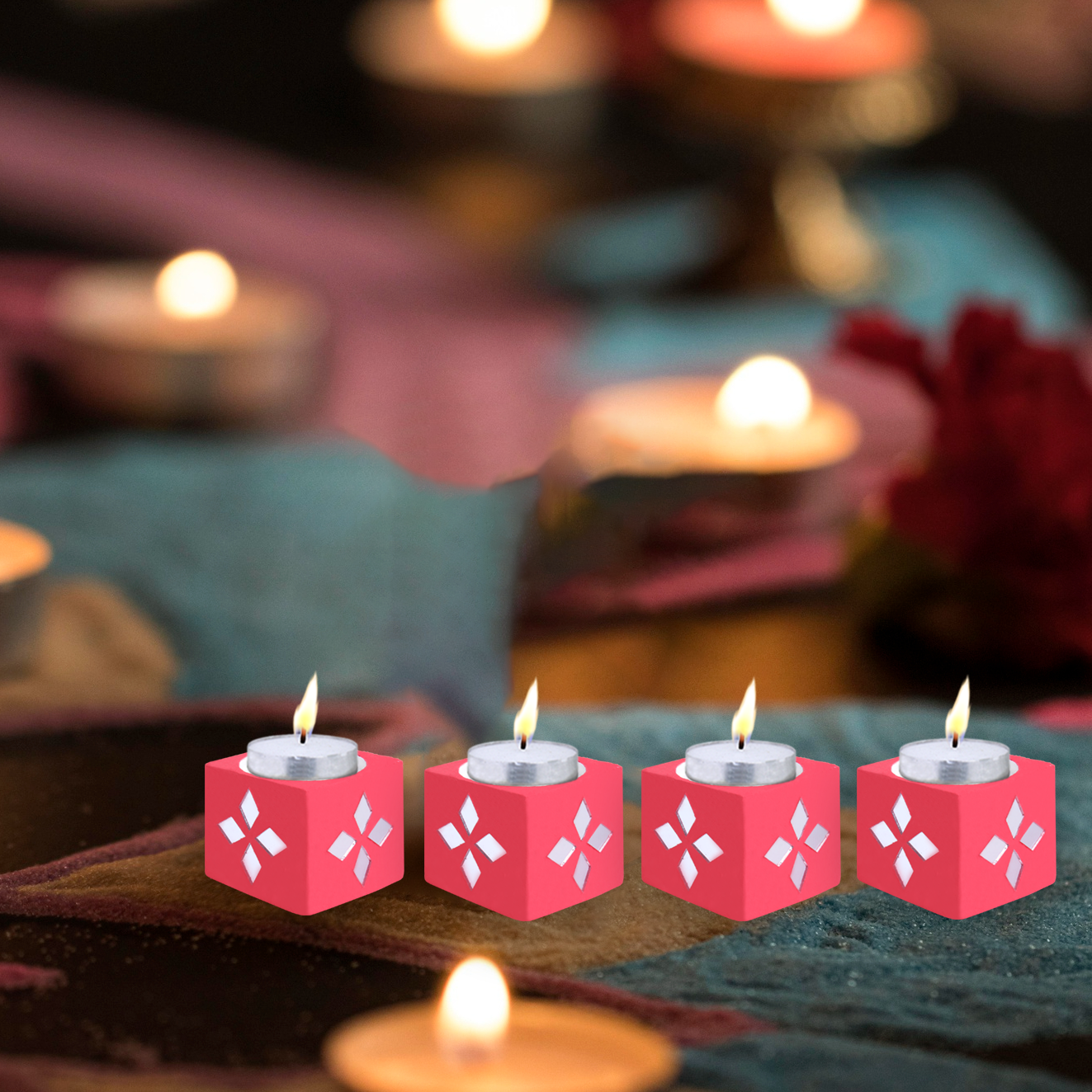 Mirror Art Tealight Holder Red 1.5inch  - 4Pc - (Tealight Candle Included)
