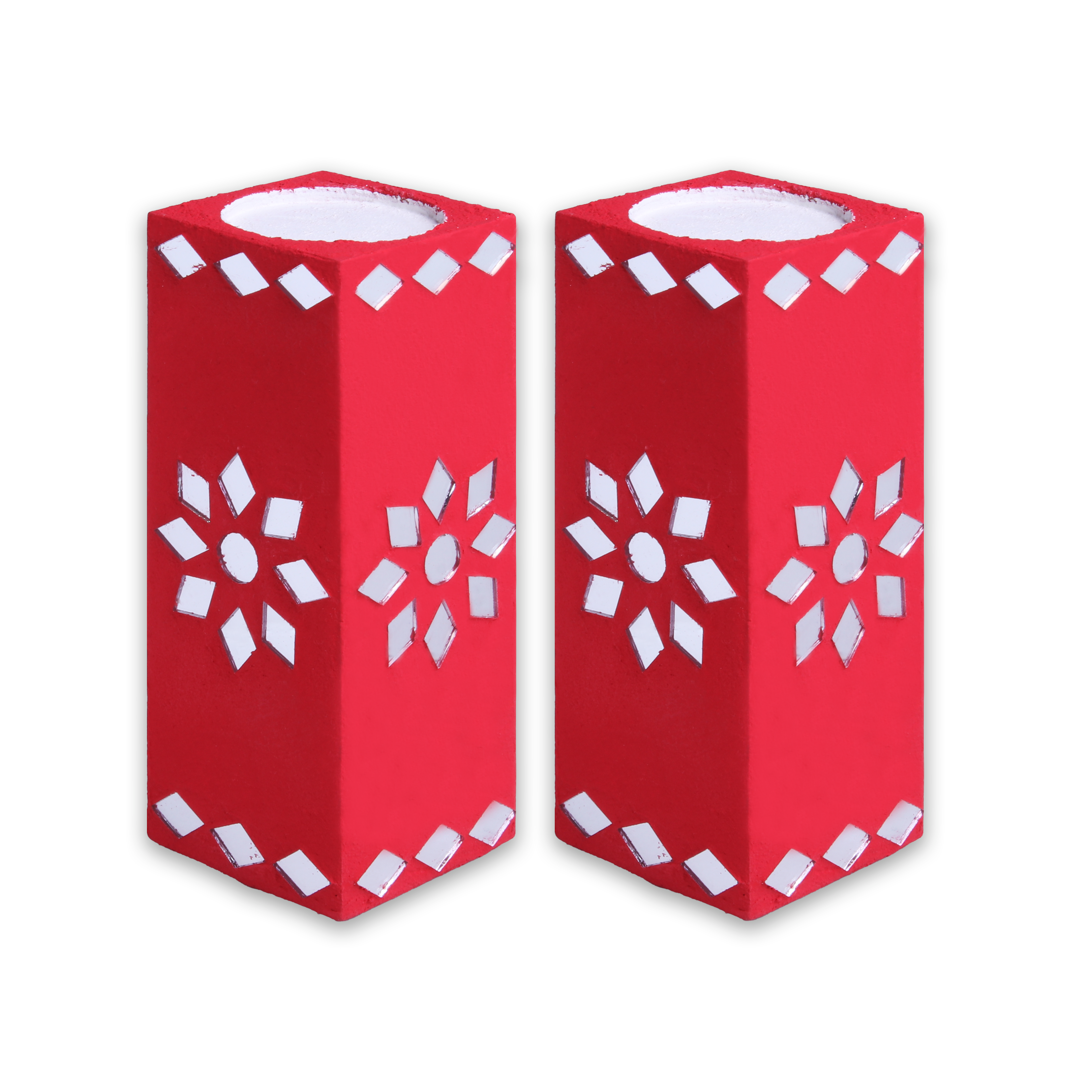 Mirror Art Tealight Holder Red 5inch  - 2Pc - (Tealight Candle Included)