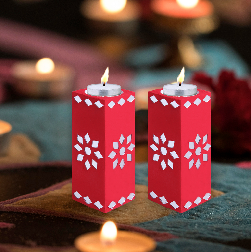 Mirror Art Tealight Holder Red 5inch  - 2Pc - (Tealight Candle Included)