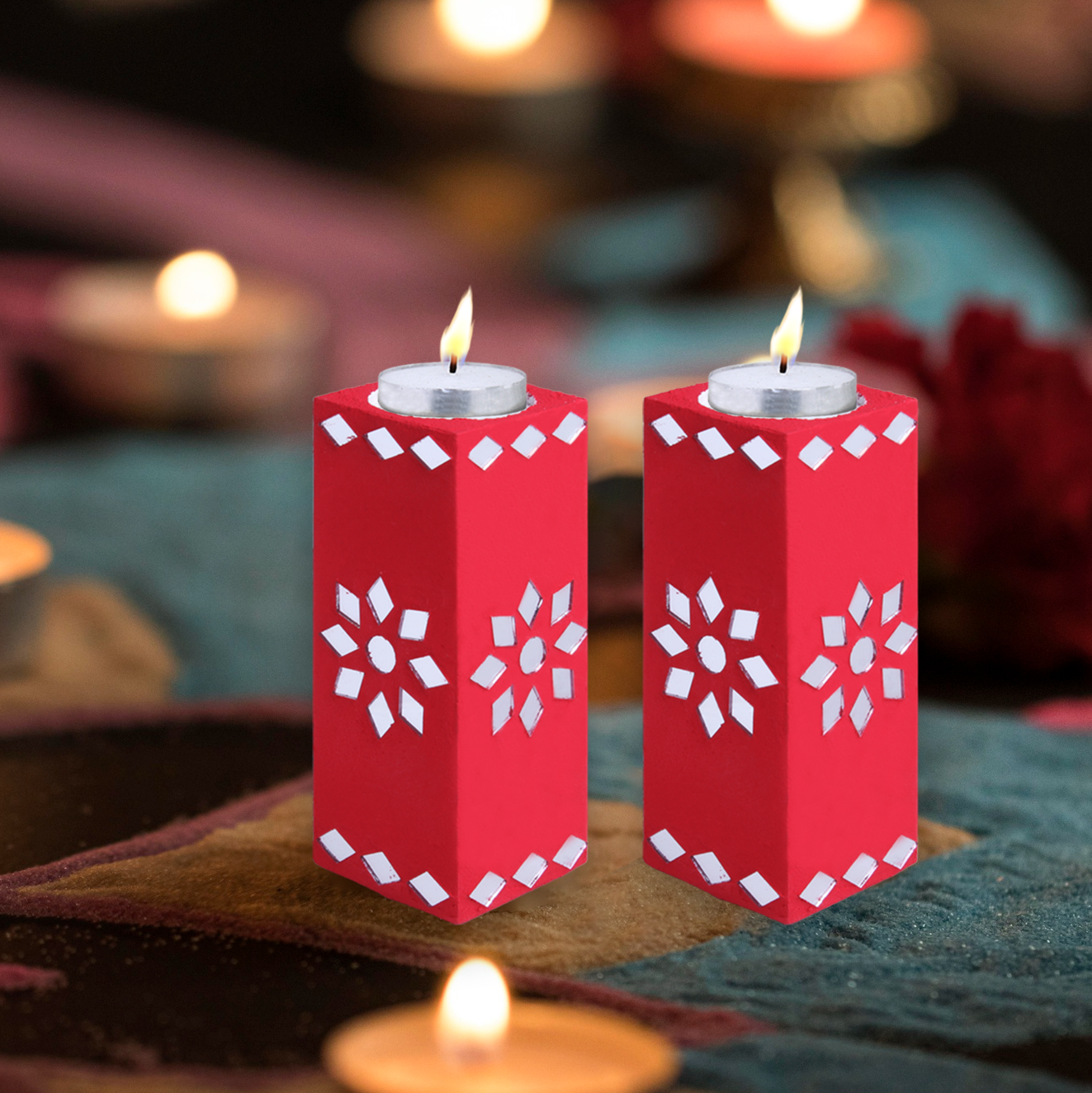 Mirror Art Tealight Holder Red 5inch  - 2Pc - (Tealight Candle Included)
