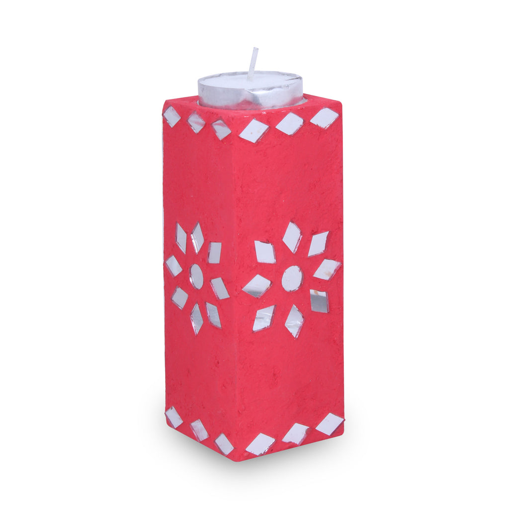 Mirror Art Tealight Holder Red 5inch 1pc ( Candle Included 1pc)