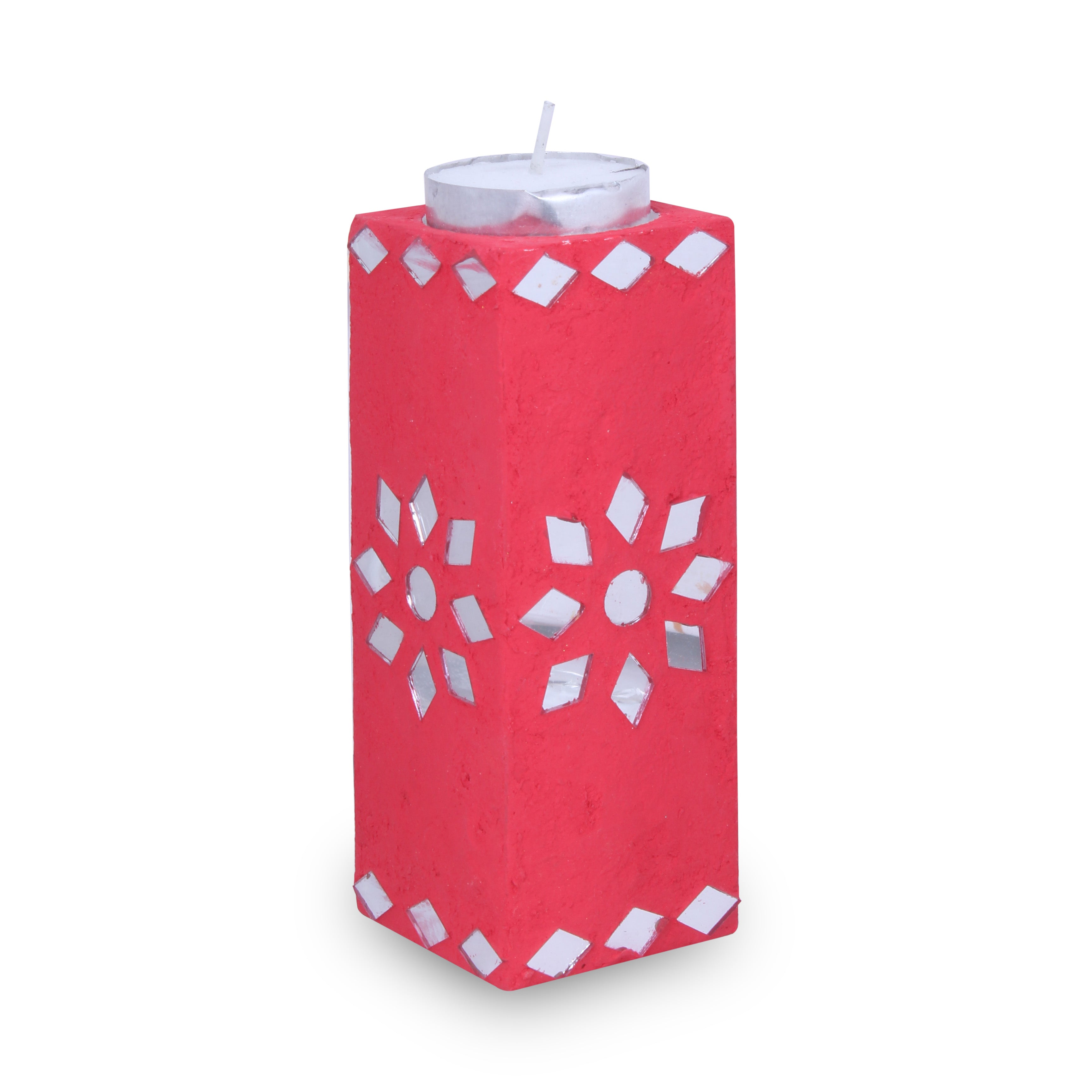 Mirror Art Tealight Holder Red 5inch 1pc ( Candle Included 1pc)