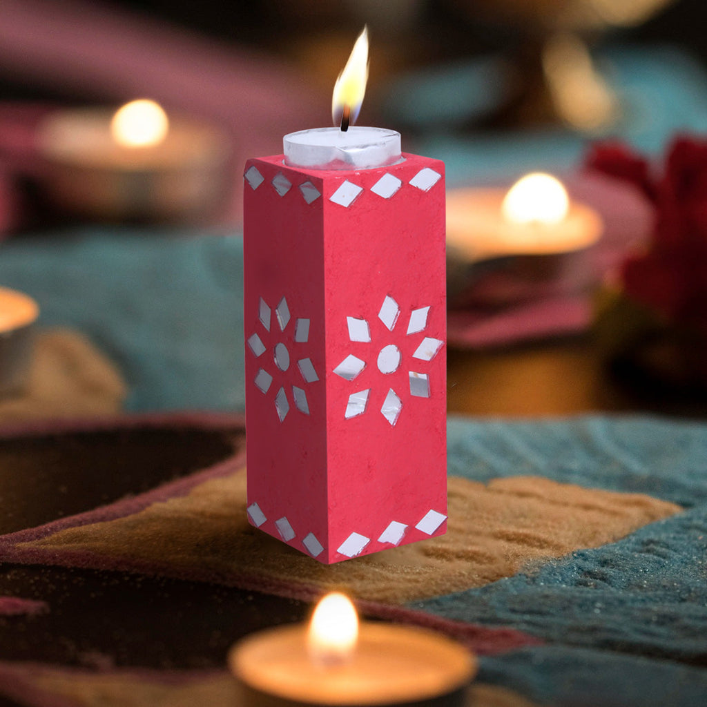 Mirror Art Tealight Holder Red 5inch 1pc ( Candle Included 1pc)