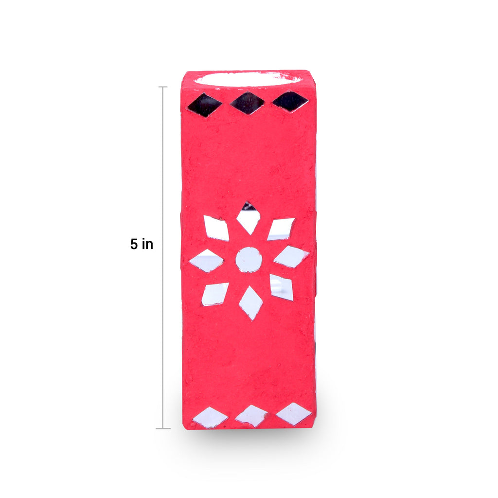 Mirror Art Tealight Holder Red 5inch 1pc ( Candle Included 1pc)