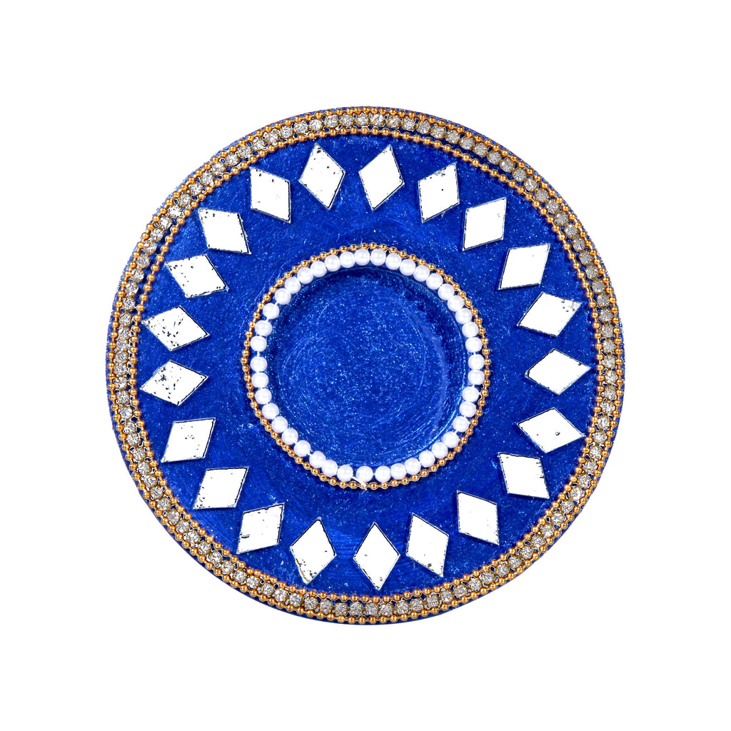 Mirror Work Tealight Holder Diamond Delight Blue 4in Dia 5.5mm Thick 1pc ( Candle Included 1pc)