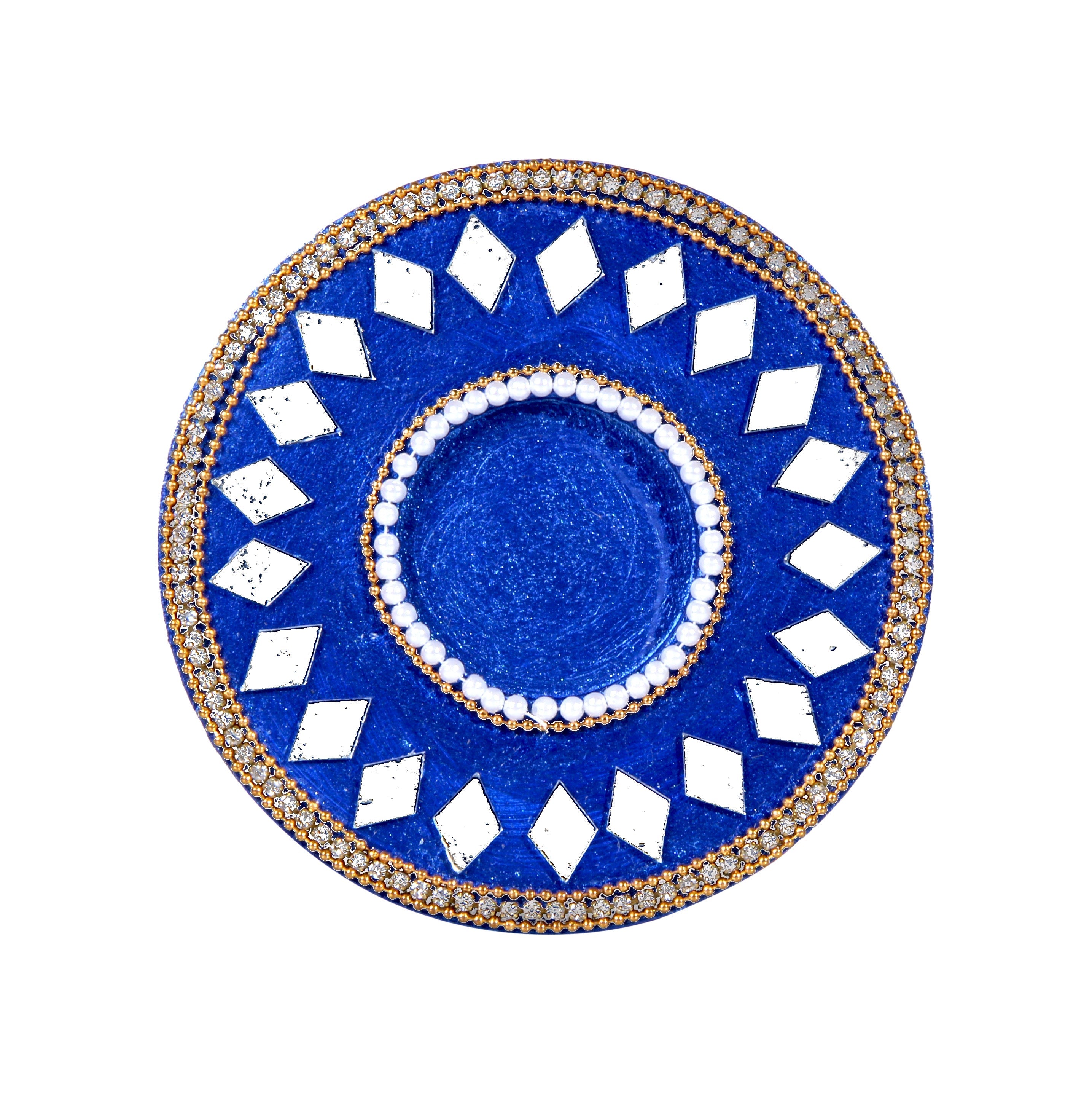 Mirror Work Tealight Holder Diamond Delight Blue 4in Dia 5.5mm Thick 1pc ( Candle Included 1pc)