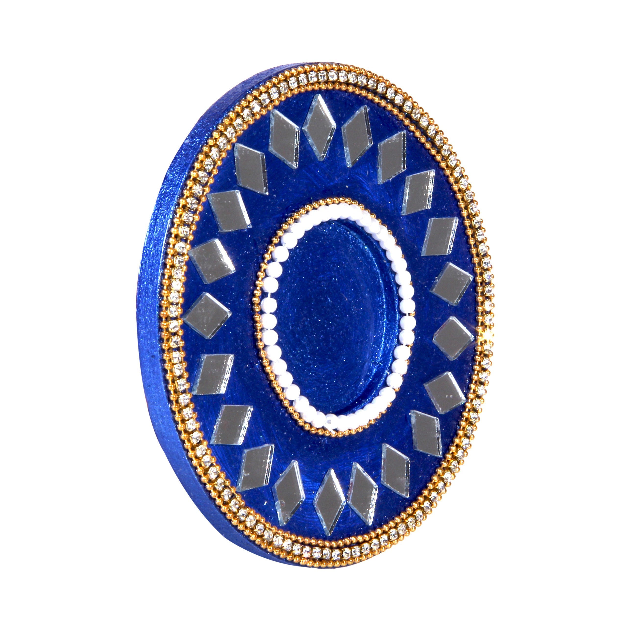 Mirror Work Tealight Holder Diamond Delight Blue 4in Dia 5.5mm Thick 1pc ( Candle Included 1pc)