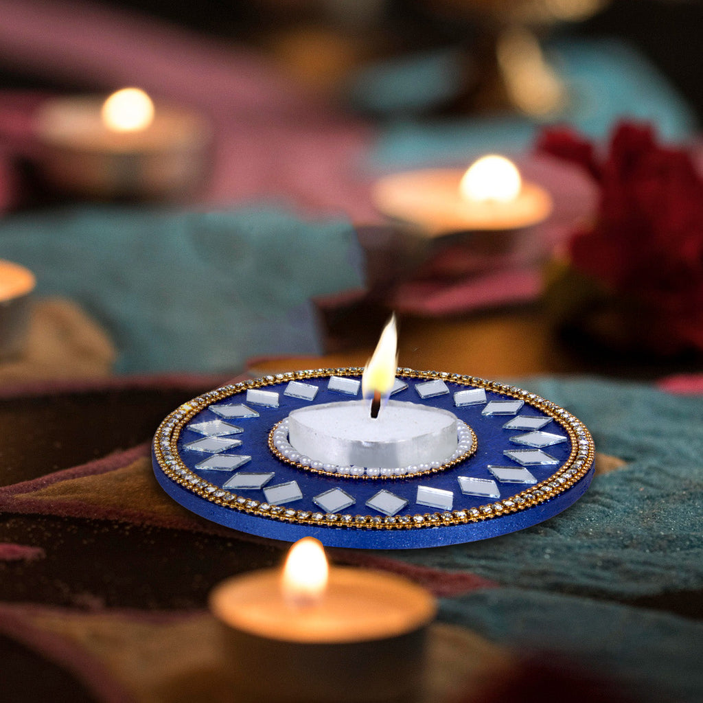 Mirror Work Tealight Holder Diamond Delight Blue 4in Dia 5.5mm Thick 1pc ( Candle Included 1pc)