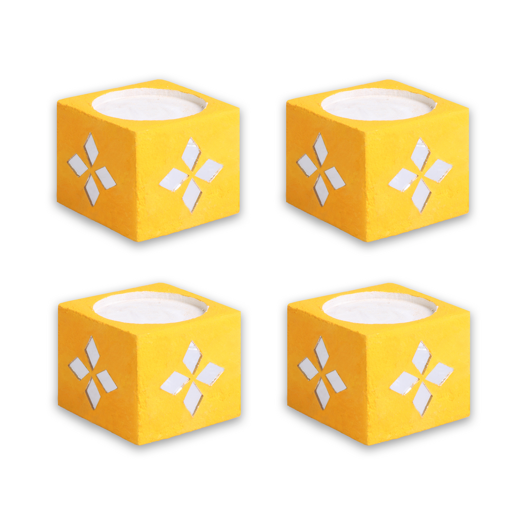 Mirror Art Tealight Holder Bright Yellow 1.5inch  - 4Pc - (Tealight Candle Included)