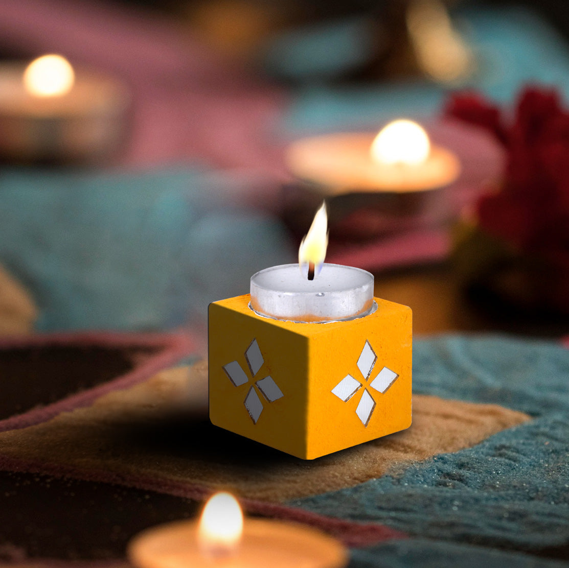 Mirror Art Tealight Holder Bright Yellow 1.5inch 1pc ( Candle Included 1pc)