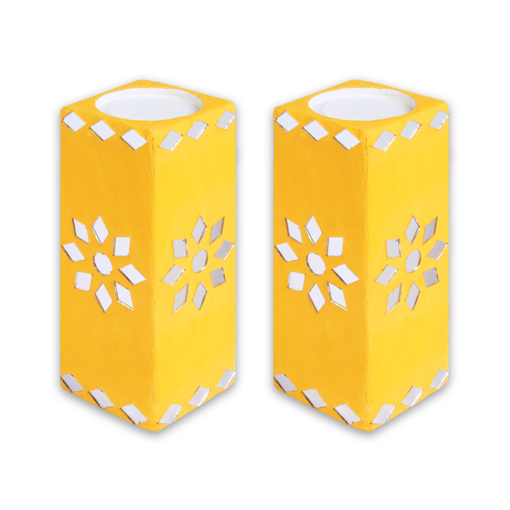 Mirror Art Tealight Holder Bright Yellow 5inch  - 2Pc - (Tealight Candle Included)