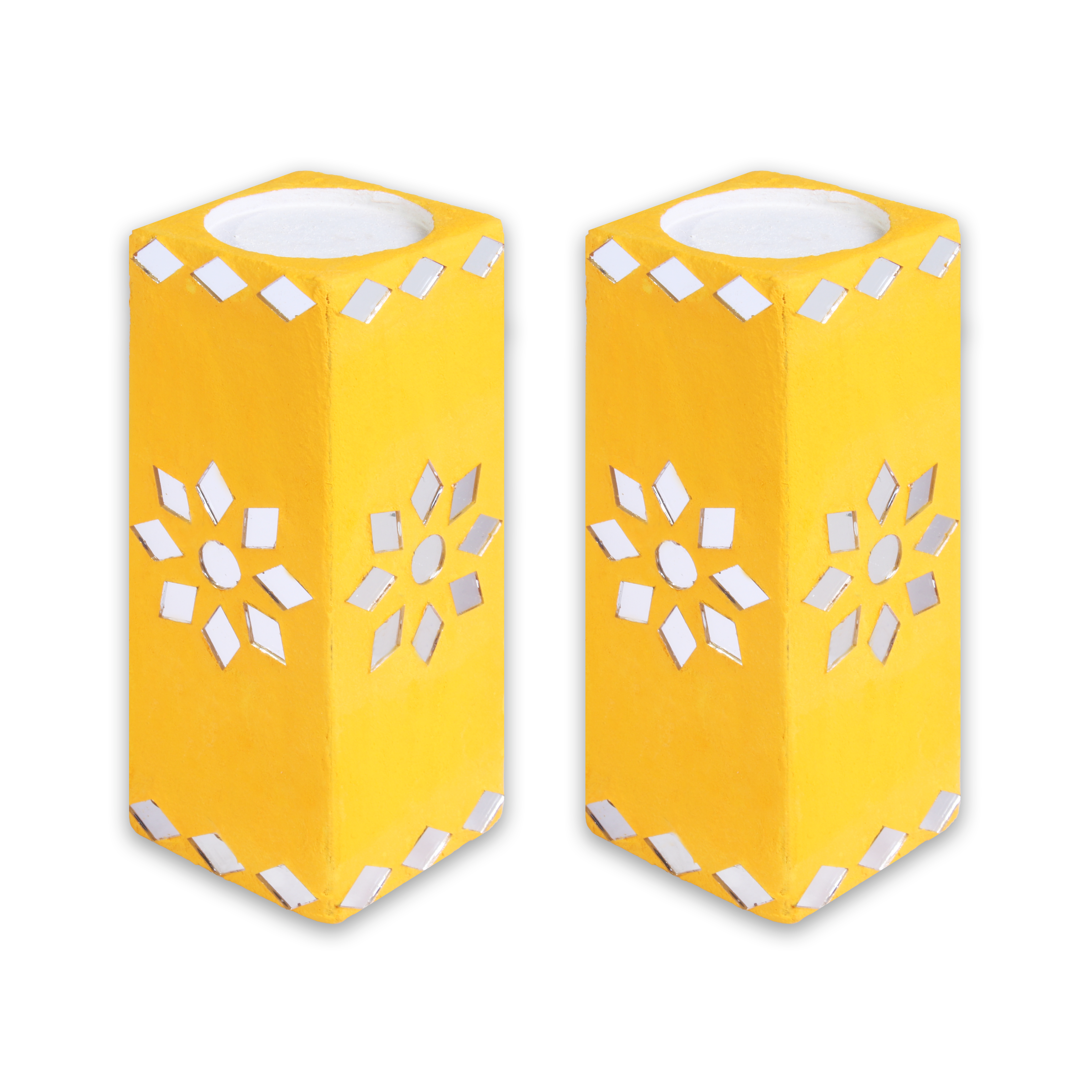 Mirror Art Tealight Holder Bright Yellow 5inch  - 2Pc - (Tealight Candle Included)
