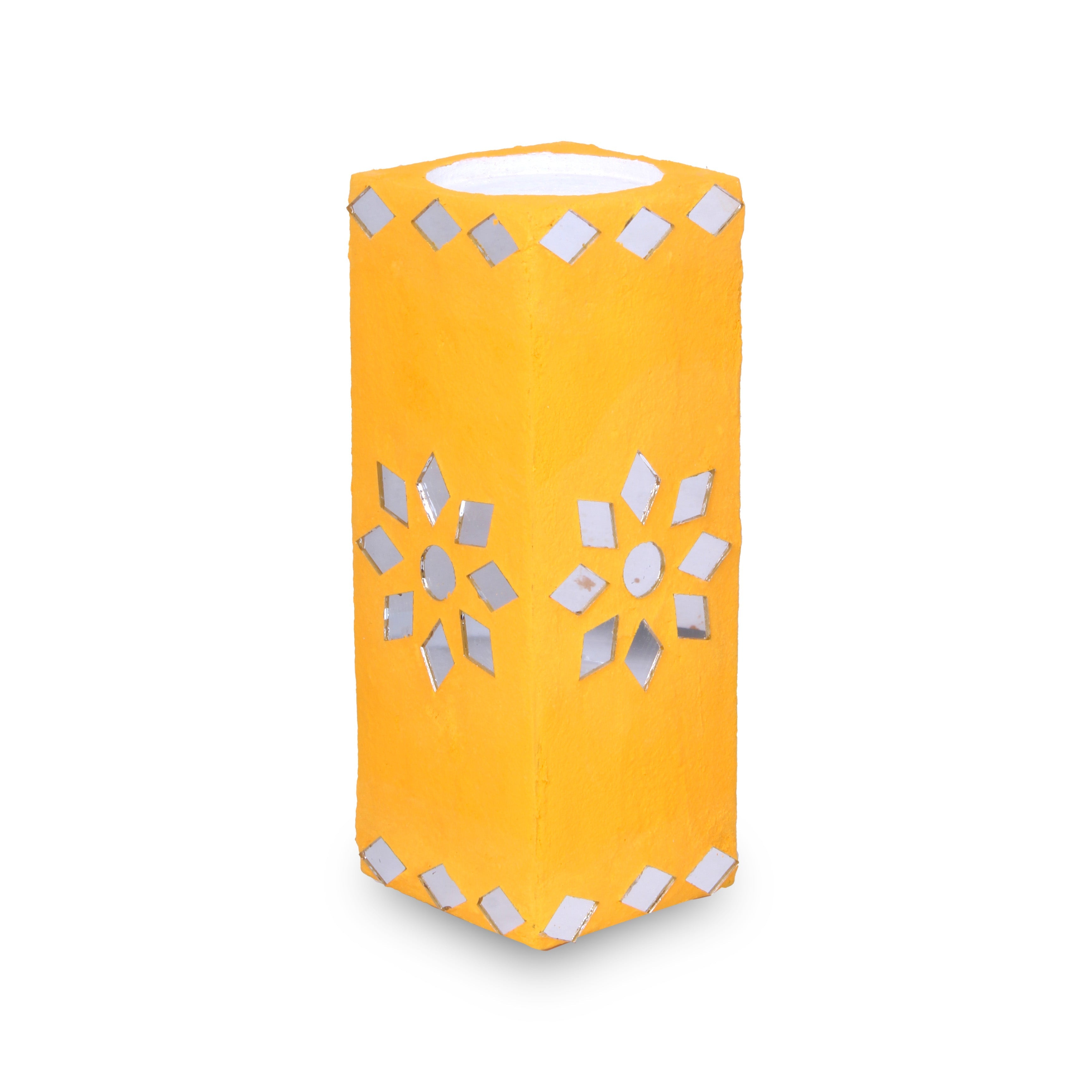 Mirror Art Tealight Holder Bright Yellow 5inch 1pc ( Candle Included 1pc)