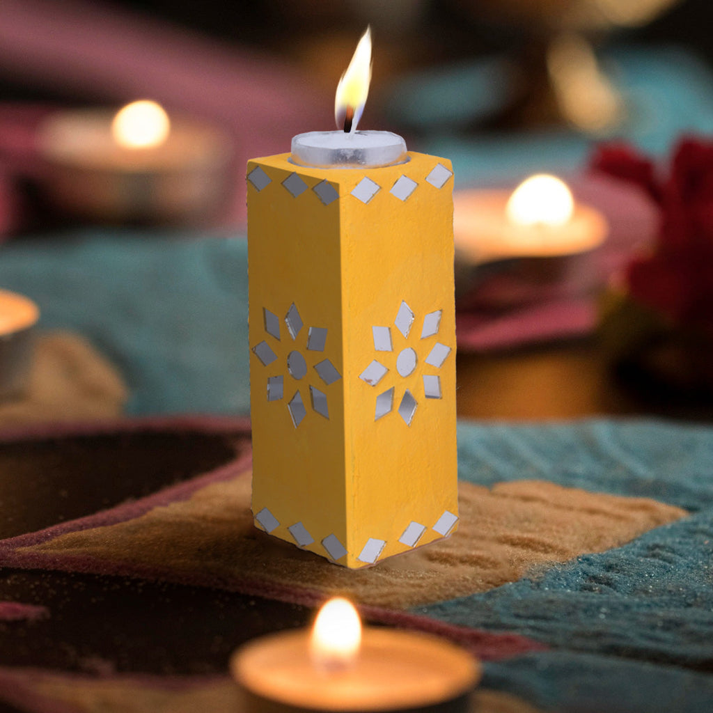 Mirror Art Tealight Holder Bright Yellow 5inch 1pc ( Candle Included 1pc)