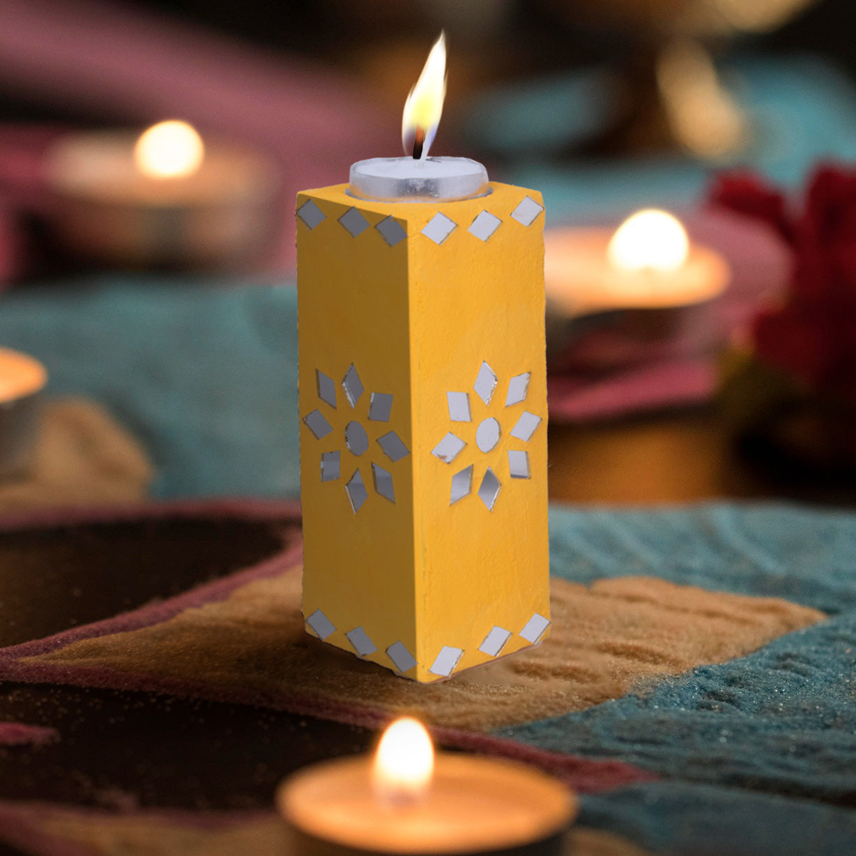 Mirror Art Tealight Holder Bright Yellow 5inch 1pc ( Candle Included 1pc)