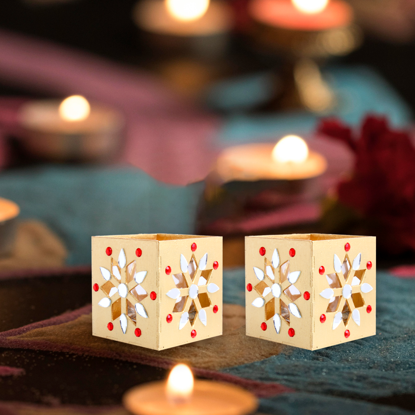 Handmade Decorative Candle Holder Gem Flower Approx 2.8 X 2.8inch 2mm Thick 2Pc - (Tealight Candle Included)