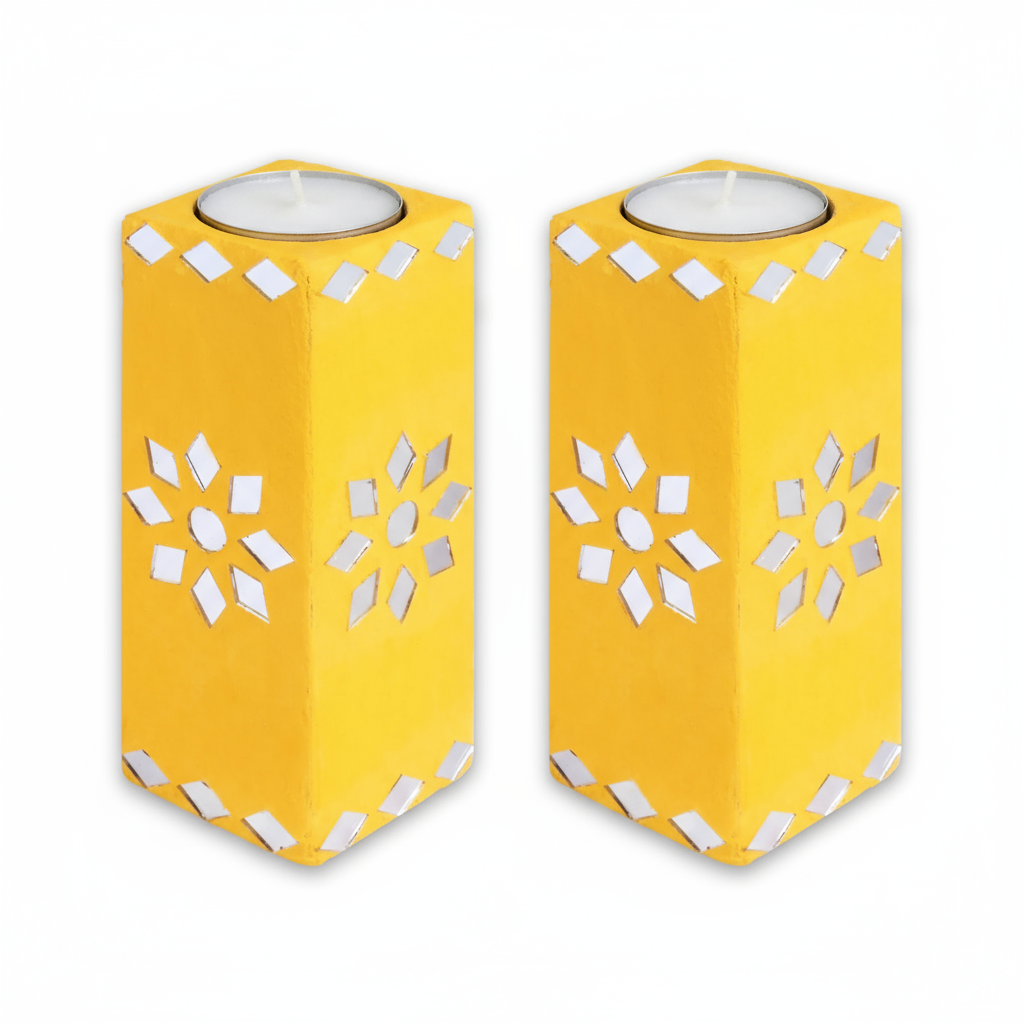 Mirror Art Tealight Holder Bright Yellow 5inch  - 2Pc - (Tealight Candle Included)