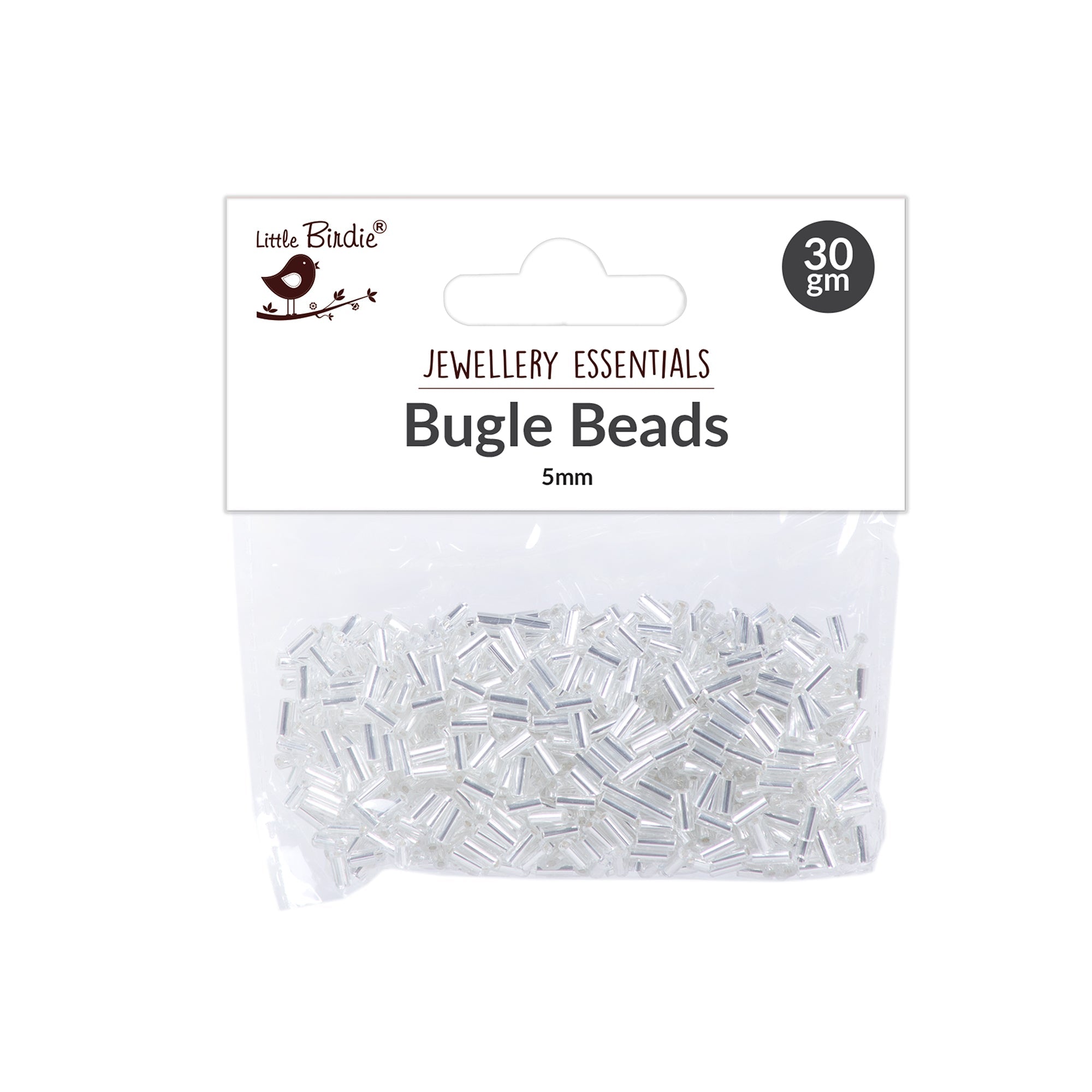 Bugle Beads Silver shimmer 5mm 30g