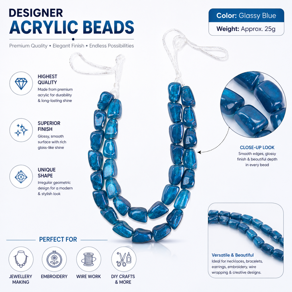 Designer Acrylic Beads Glassy Blue Approx 25gm 1 String