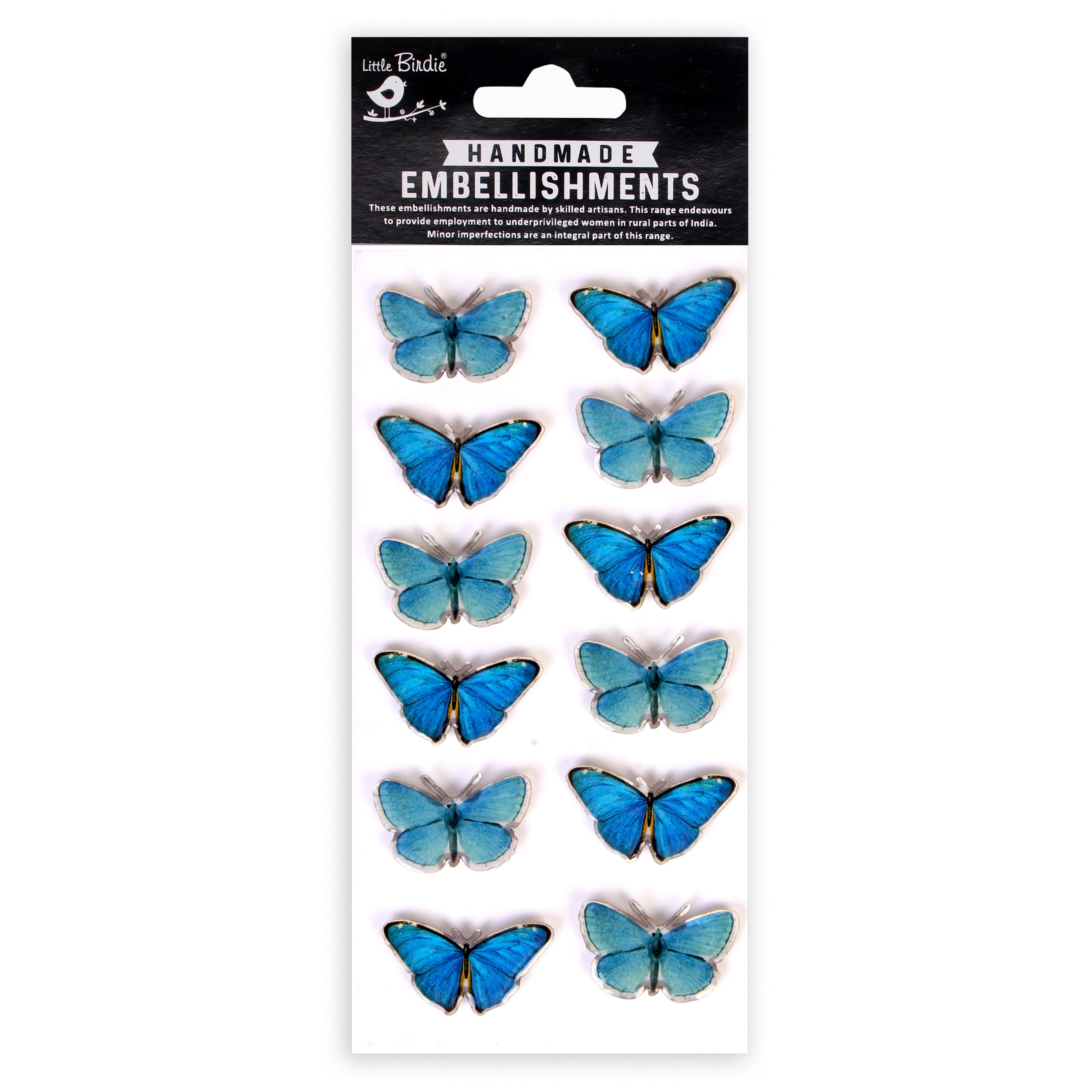 Handmade Resin Stickers - Glassy Butterfly, Biue Tint, 12pc, 1 Sheet