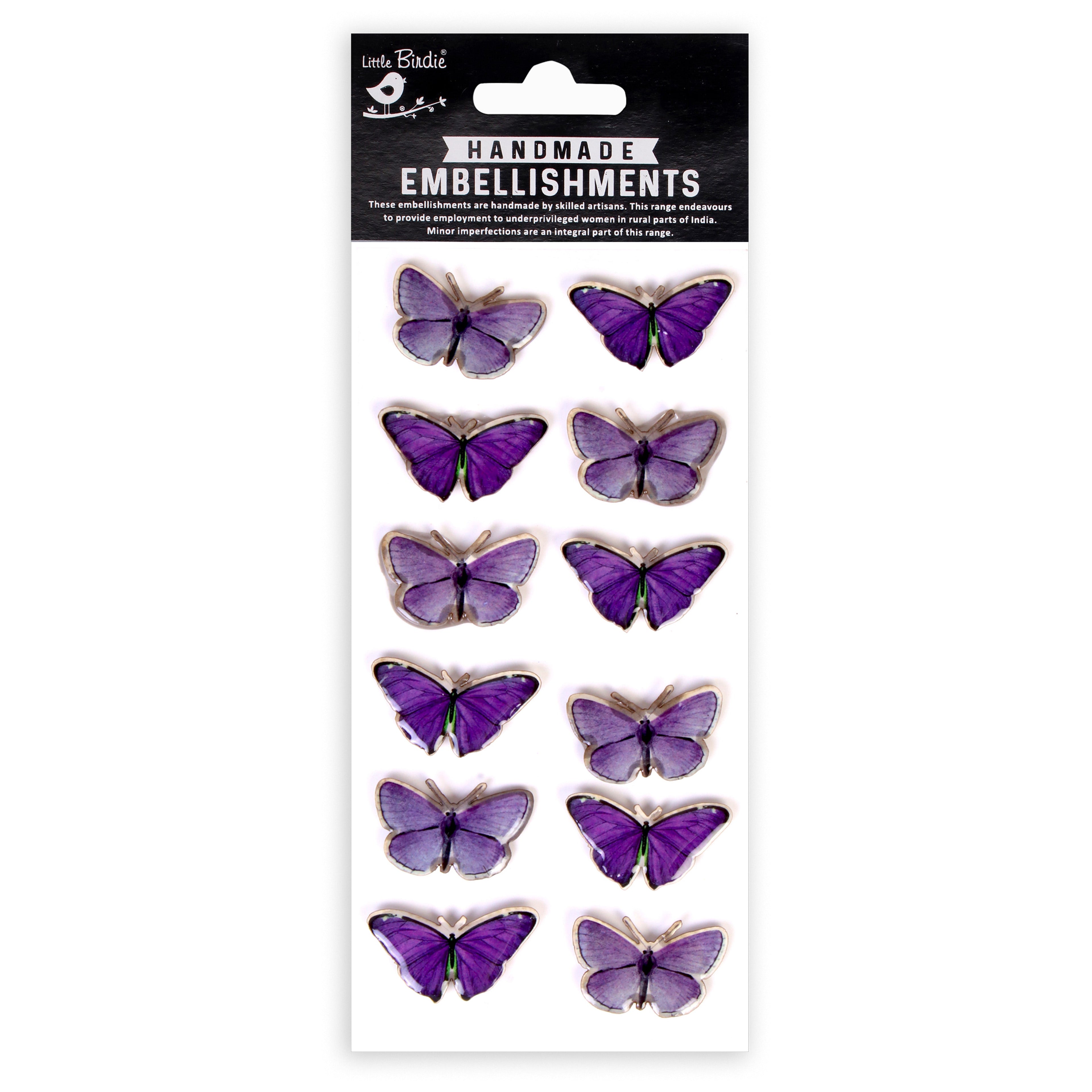 Handmade Resin Stickers - Glassy Butterfly, Purple Tint, 12pc