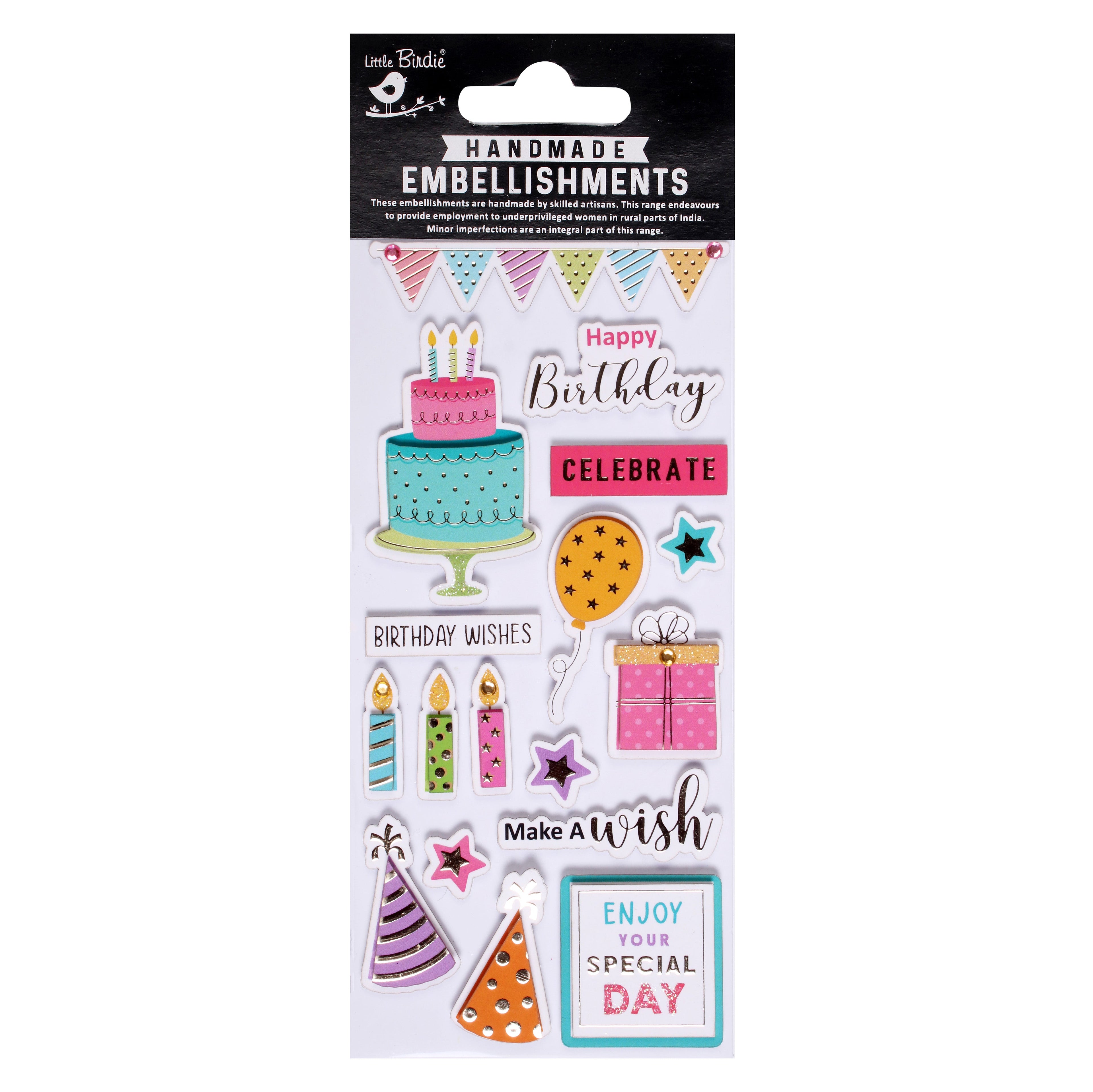 Handmade 3D Glitter Stickers - Make A Wish, 17pc, 1 Sheet
